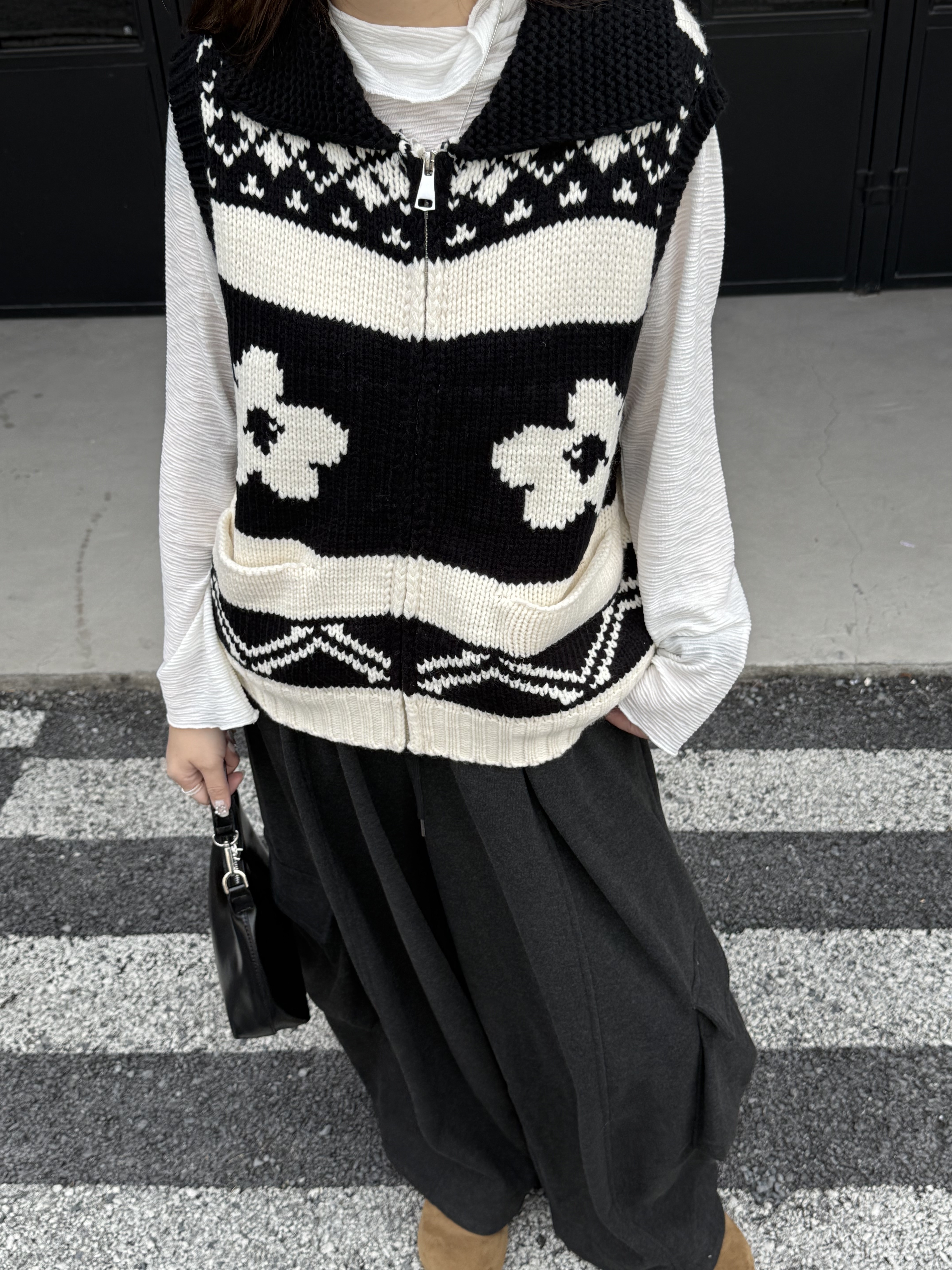 翻領花花針織拉鍊背心