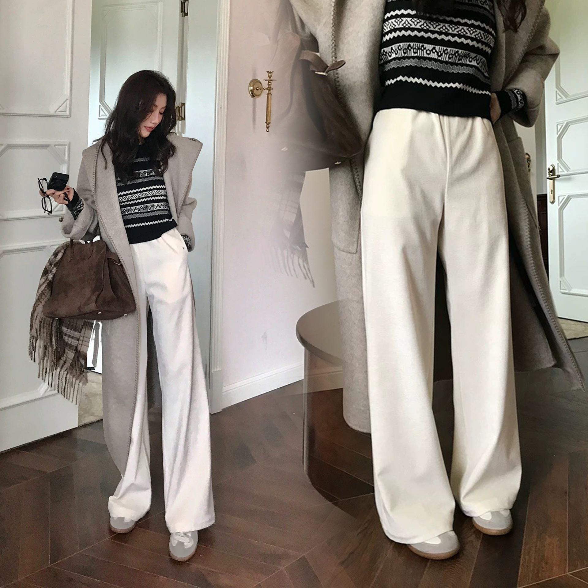 鬆緊腰法蘭絨微喇叭褲休閒長褲-S-XL / 3色 (Elegant & Love)