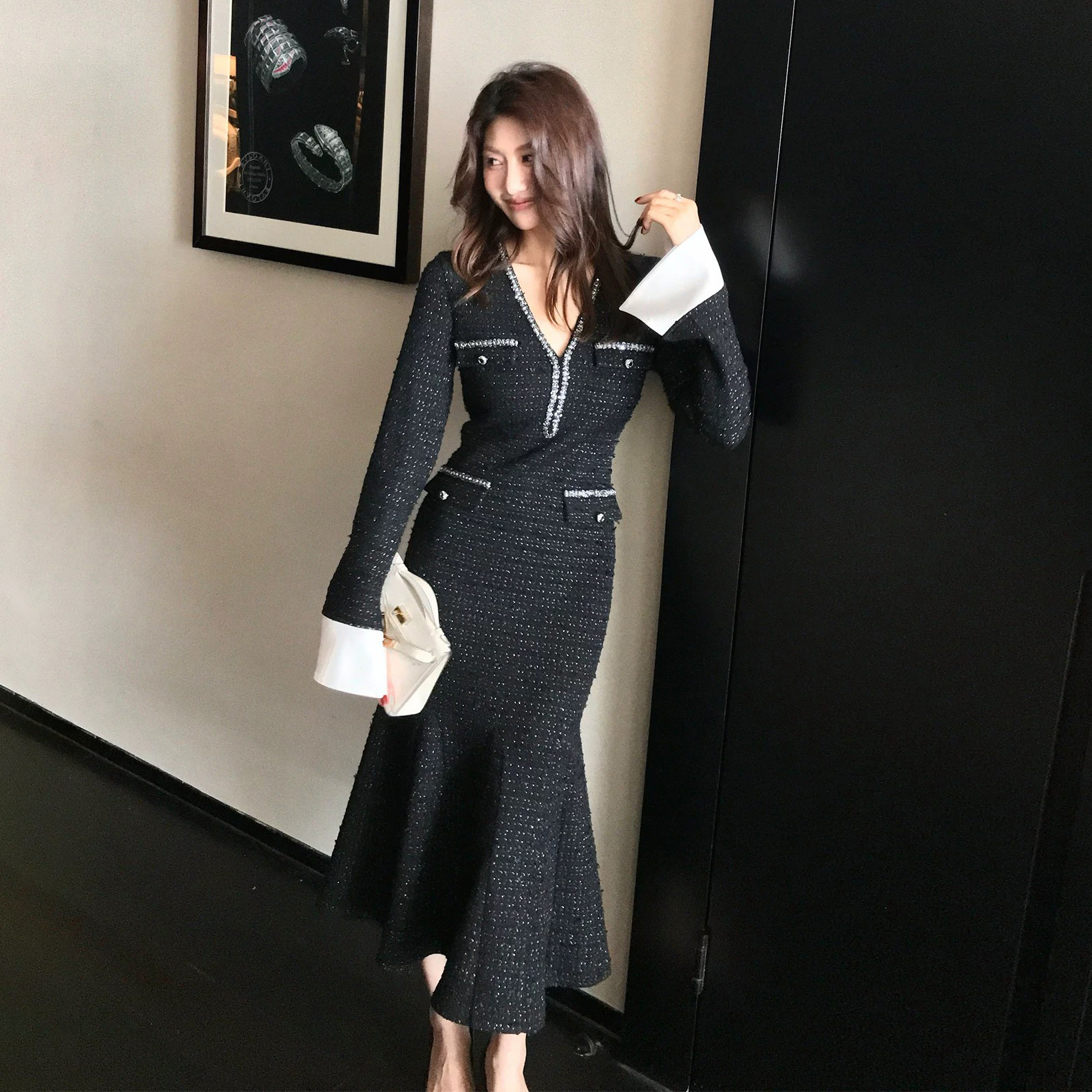 經典黑小香風配色滾邊軟呢收腰魚尾長洋裝-S-XL (Elegant & Love)