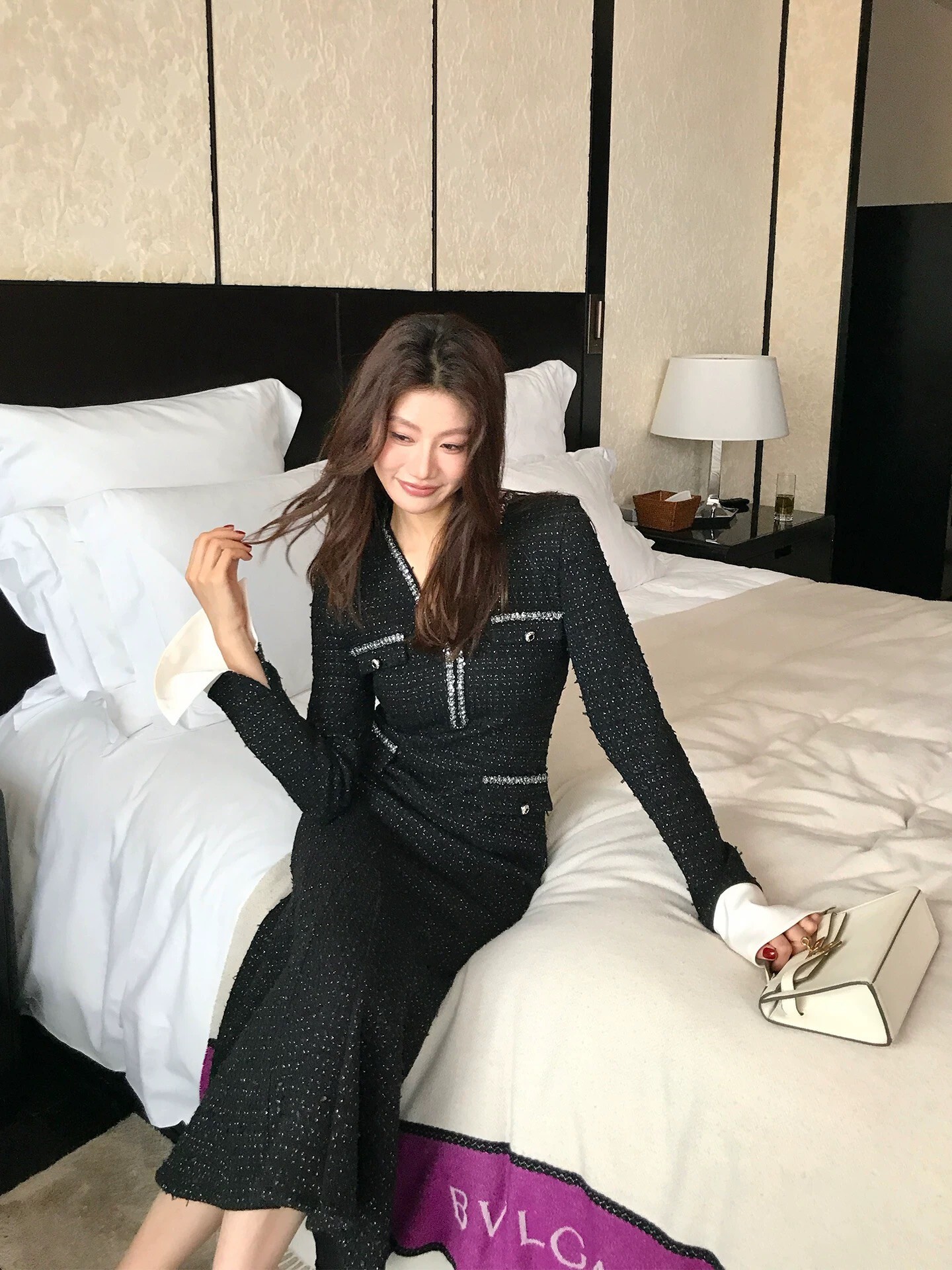 經典黑小香風配色滾邊軟呢收腰魚尾長洋裝-S-XL (Elegant & Love)