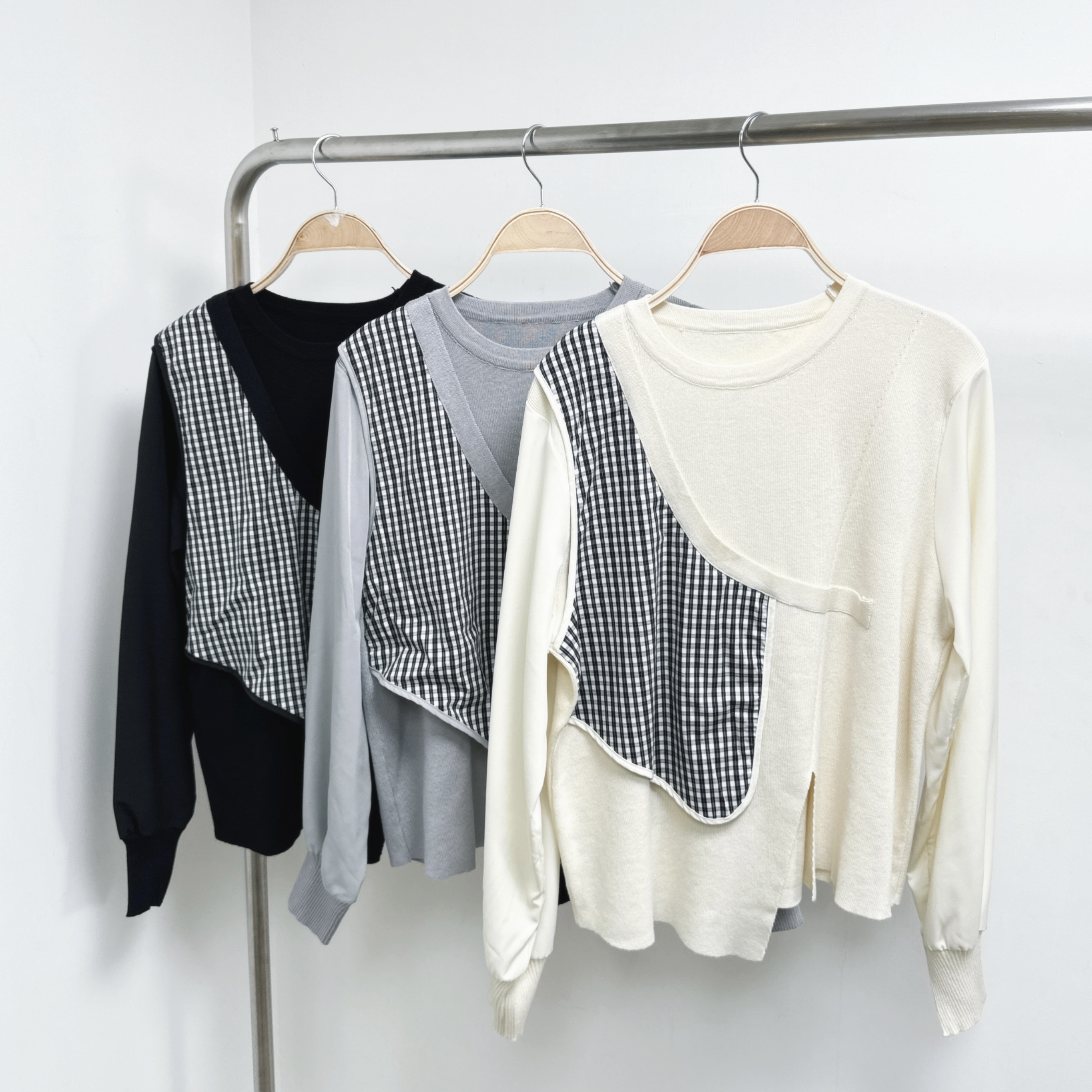 斜骨格紋拼布小開叉腳針織TOP