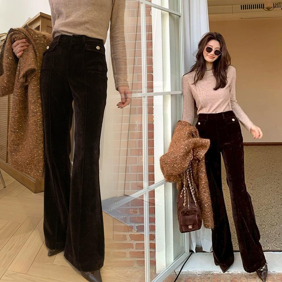 金釦方形口袋造型顯瘦長腿喇叭褲-S-XL / 2色 (Elegant & Love)