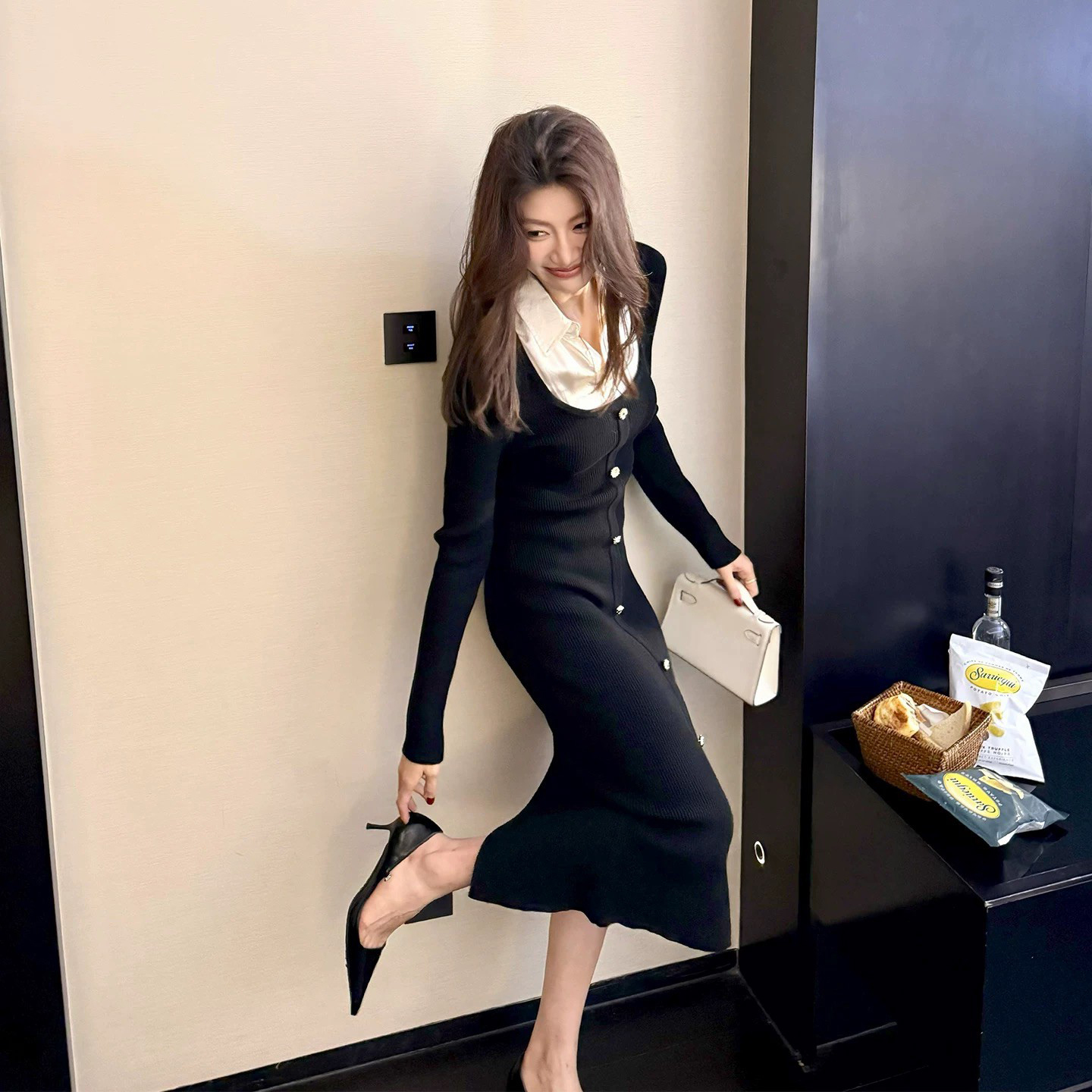 經典黑拼接白襯衫造型合身長洋裝-S-XL (Elegant & Love)