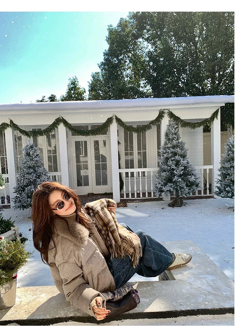 奶油摩卡溫暖毛領澎澎羽絨外套-S-L (Elegant & Love)