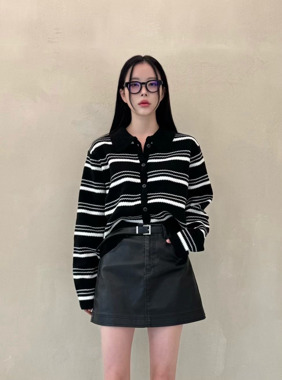 【現貨】韓系寬領條紋針織外套｜短版修身・氣質減齡感