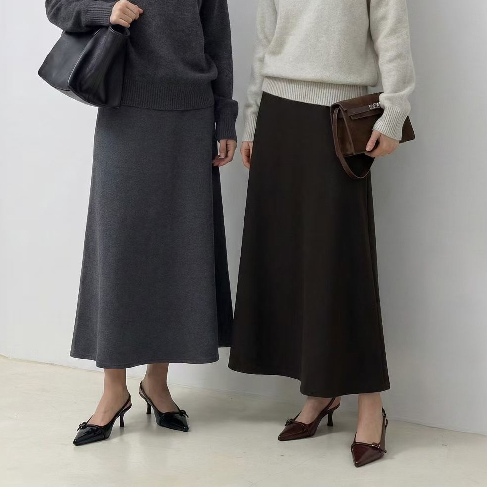 秋冬百搭色系內磨毛A字傘擺長裙-F / 4色