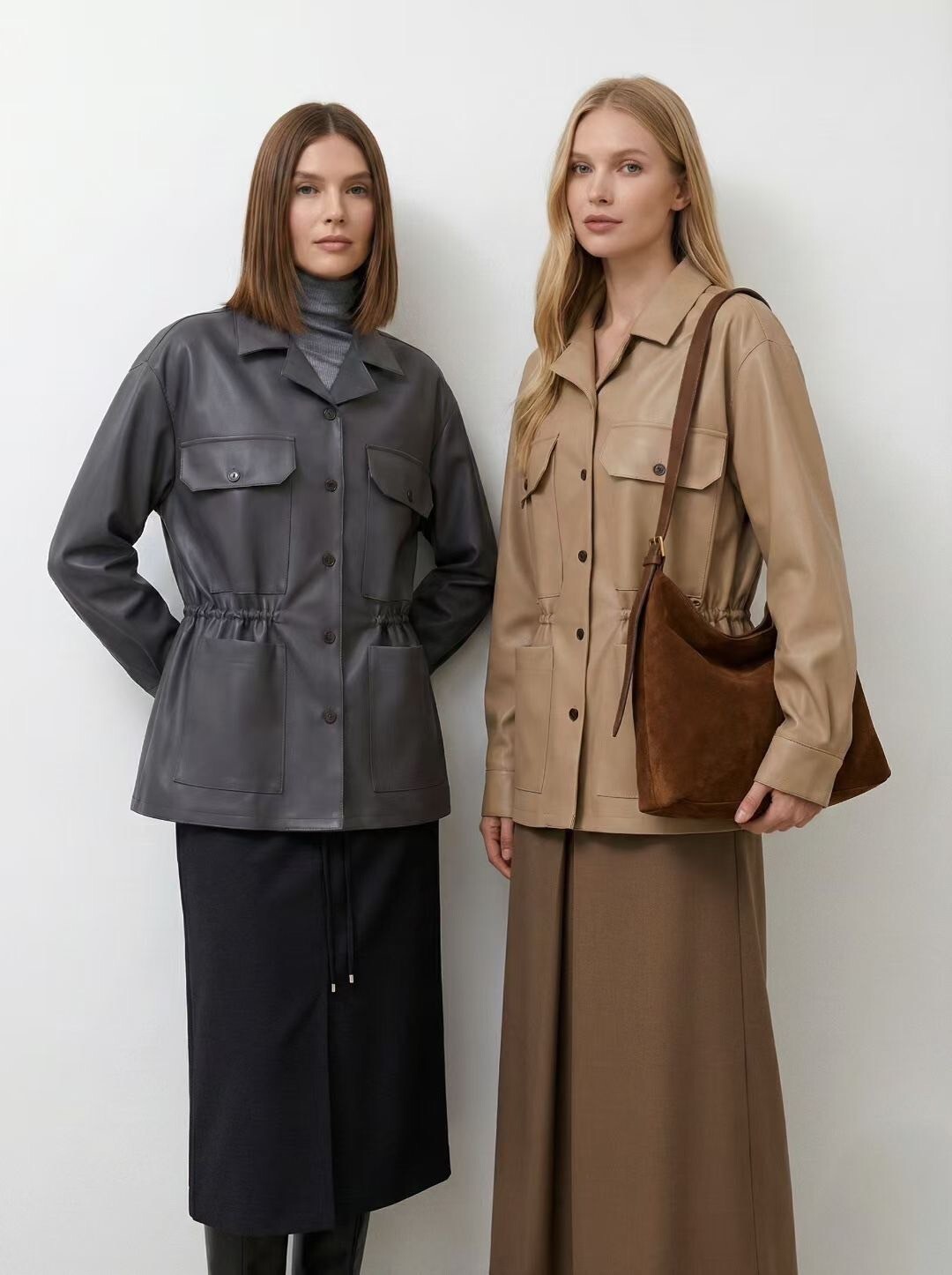 歐美感V領翻領收腰PU皮革襯衫外套 / 2色