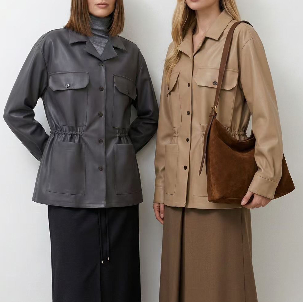 歐美感V領翻領收腰PU皮革襯衫外套 / 2色