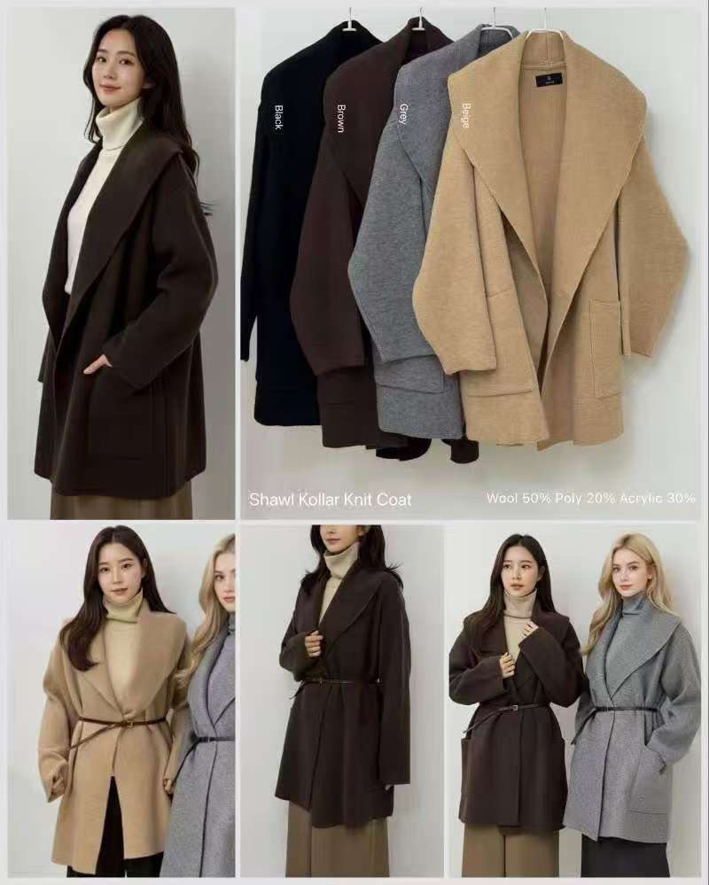50%羊毛大翻領口袋造型開襟短大衣外套 / 4色
