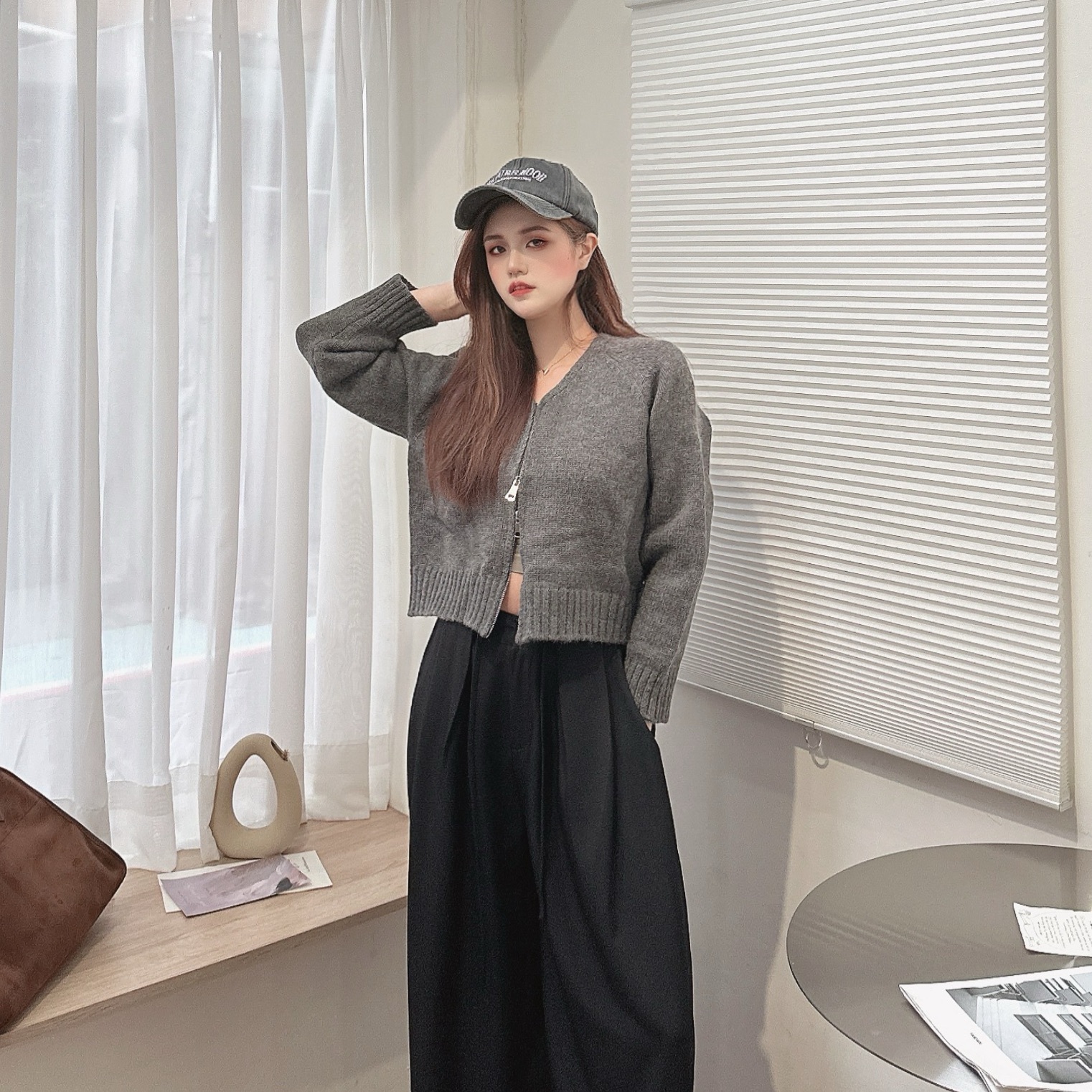 雙拉鍊圓領針織毛衣/二色