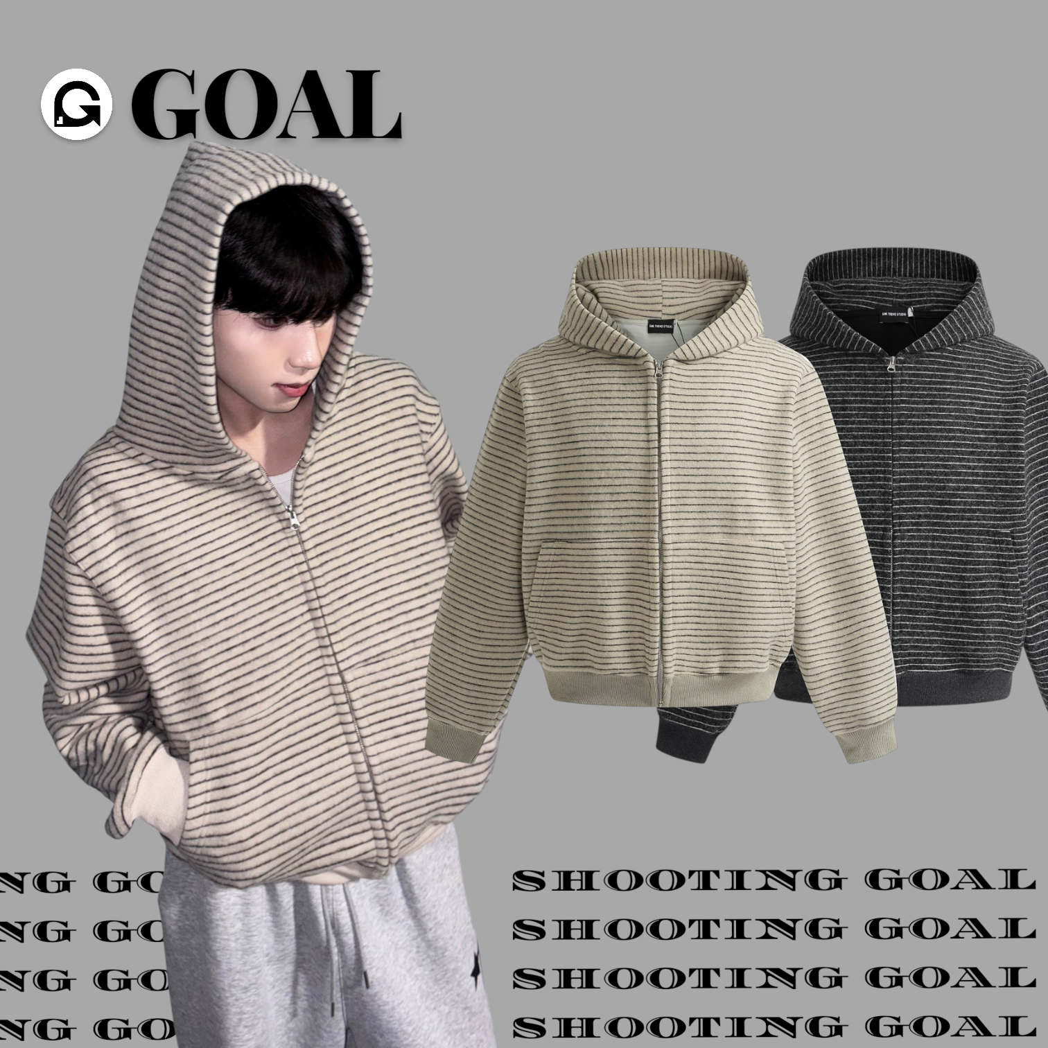 (GOAL) 美式復古 兔毛絨材質 條紋連帽外套