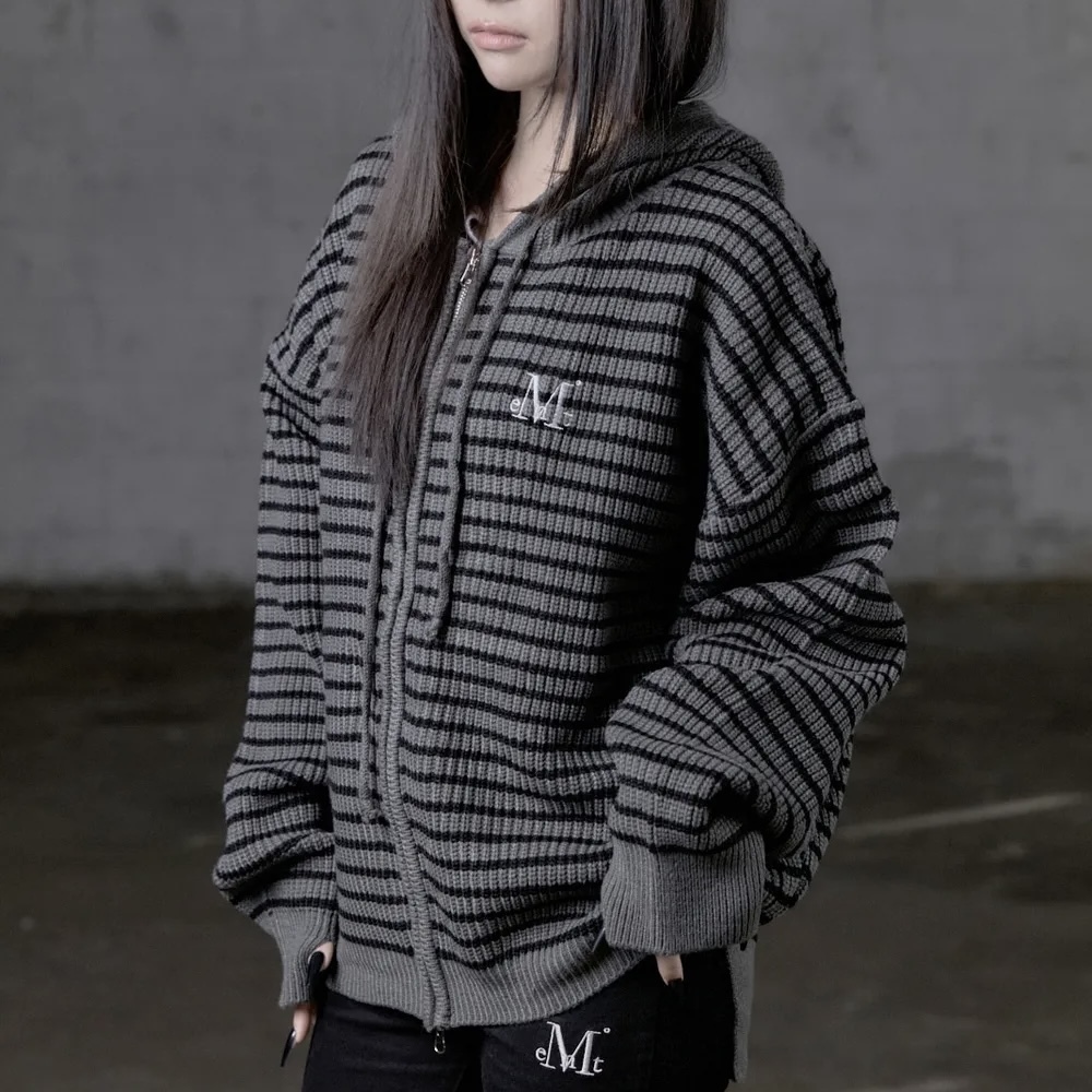 MUCENT 條紋 針織連帽外套 手套 秋冬服飾 韓國代購