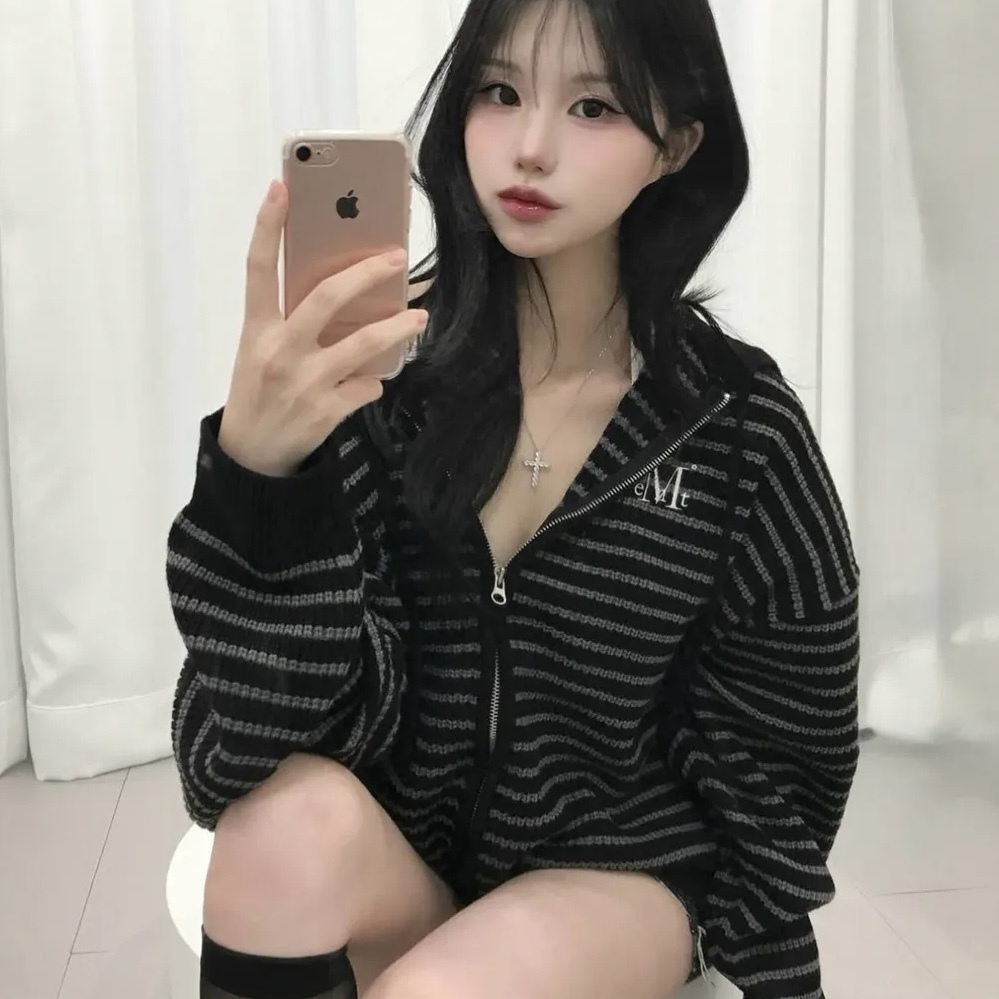 MUCENT 條紋 針織連帽外套 手套 秋冬服飾 韓國代購