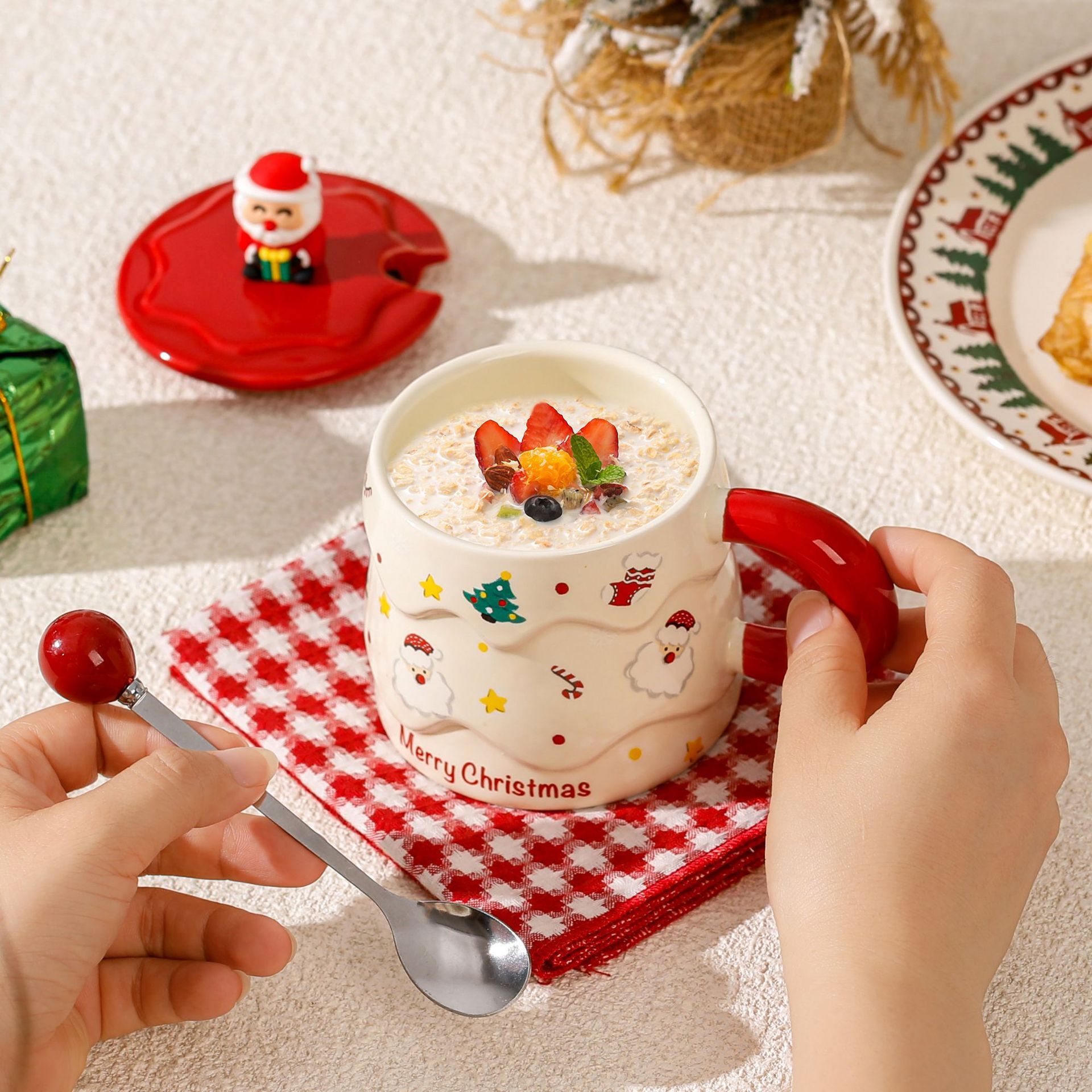 Cartoon Christmas Ceramic Mug with Lid & Spoon