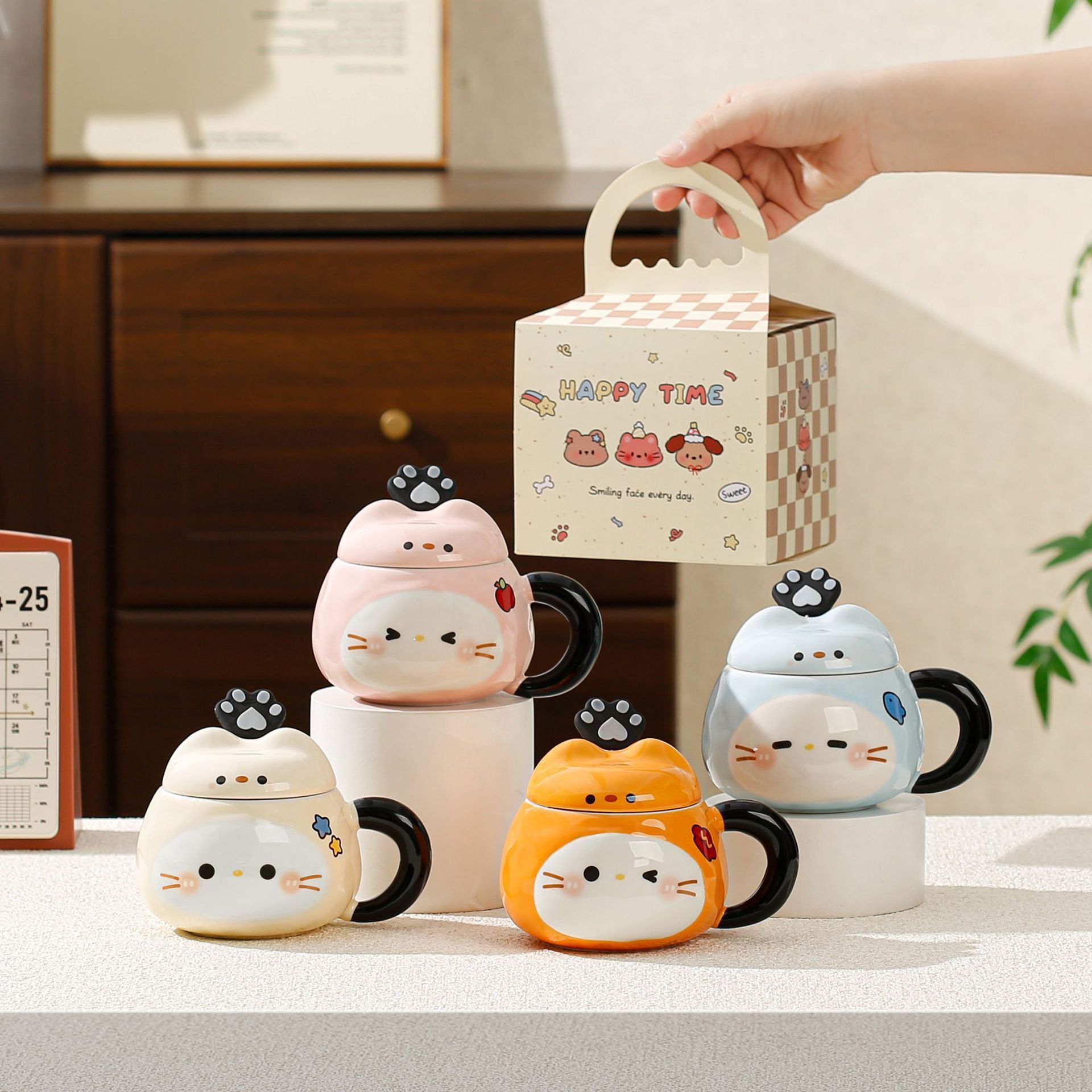 Sesame Cat Cartoon Ceramic Mug with Lid & Spoon