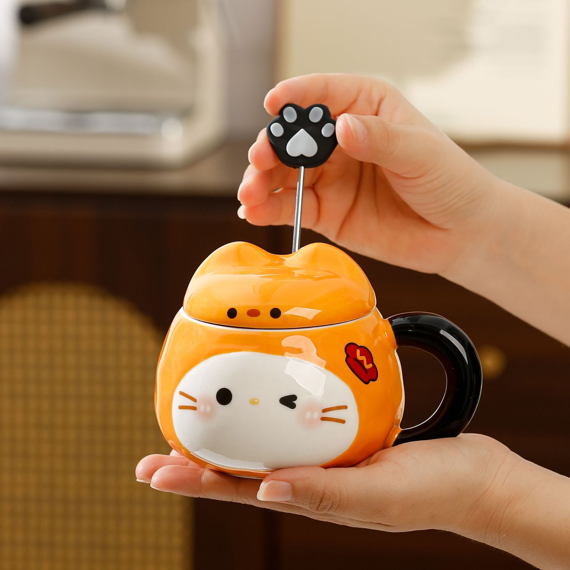 Sesame Cat Cartoon Ceramic Mug with Lid & Spoon