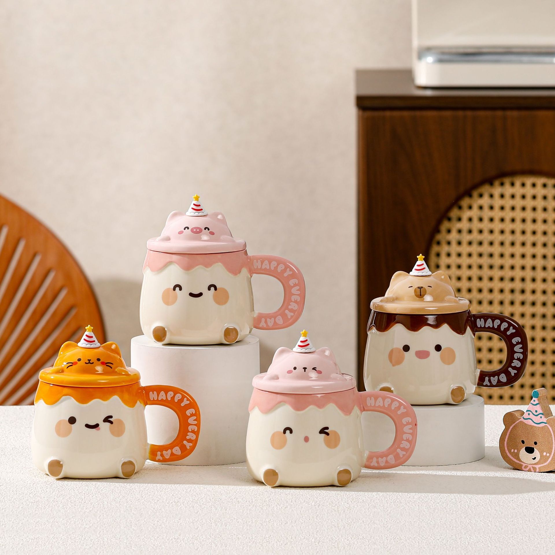 Cartoon Birthday Cake Mug with Lid & Spoon