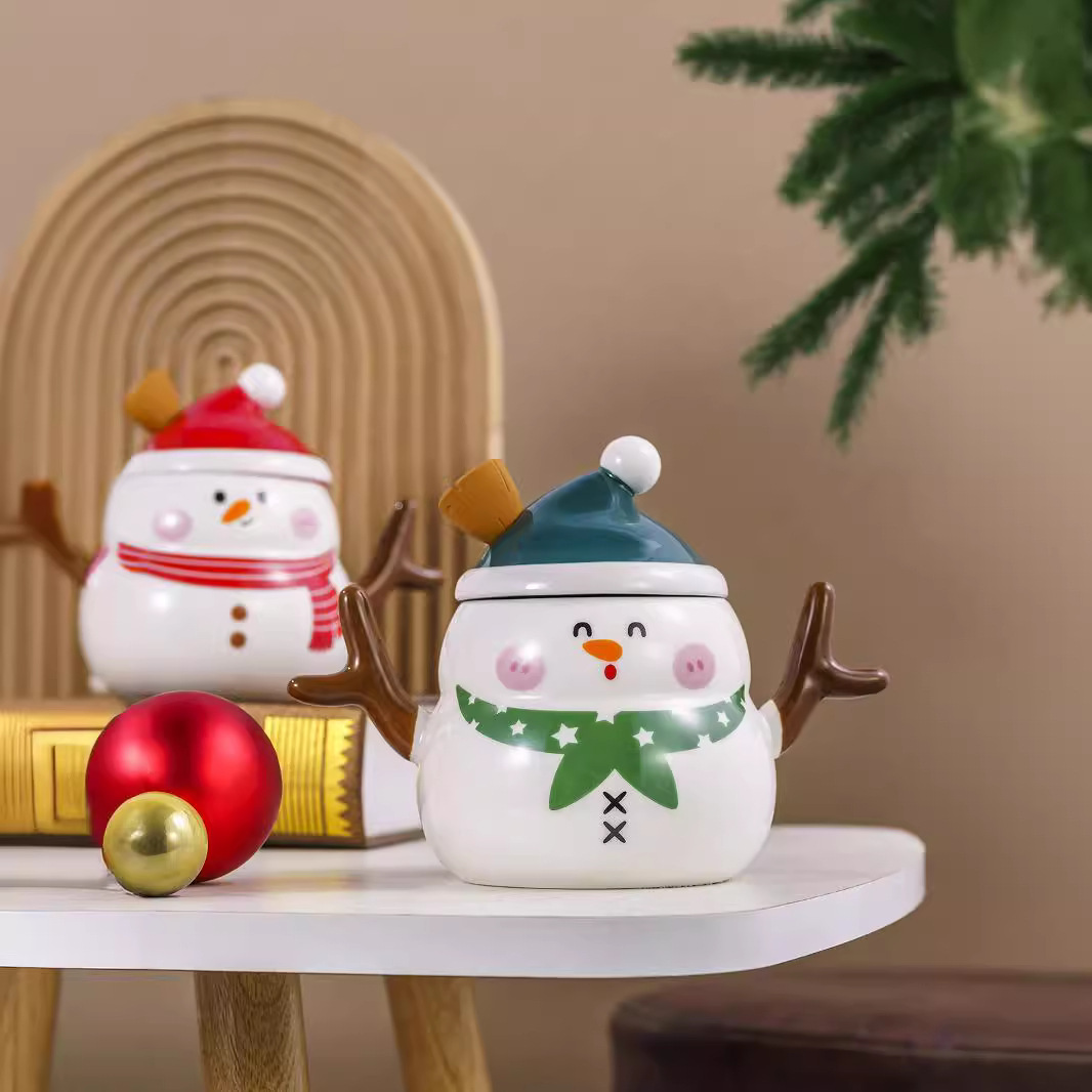 Christmas Snowman Ceramic Mug with Lid & Spoon