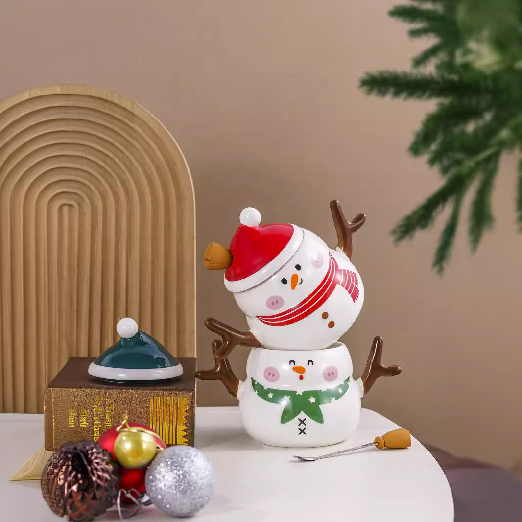 Christmas Snowman Ceramic Mug with Lid & Spoon