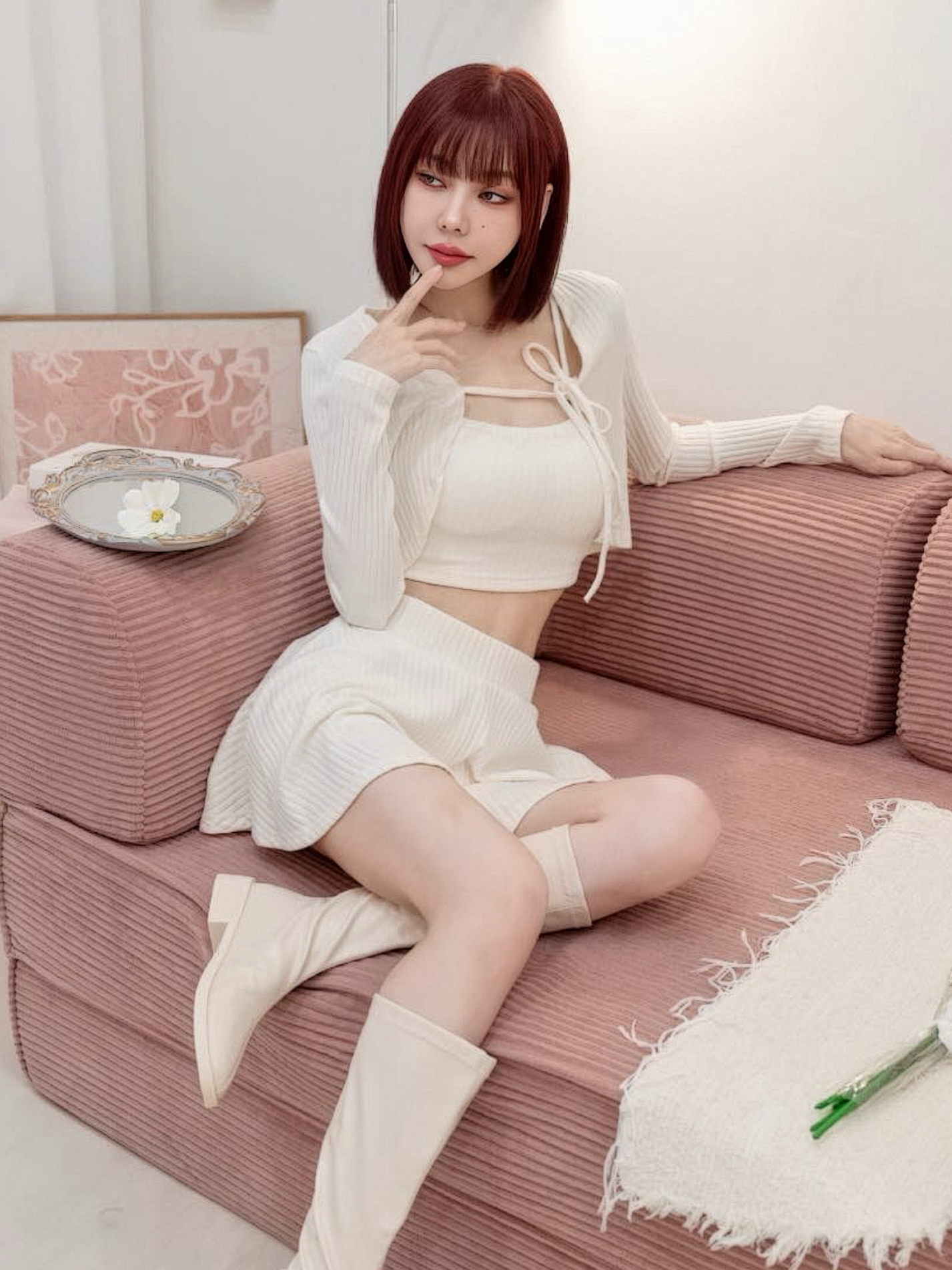 🤍坑條針織綁帶三件式套裝（米白色均碼）