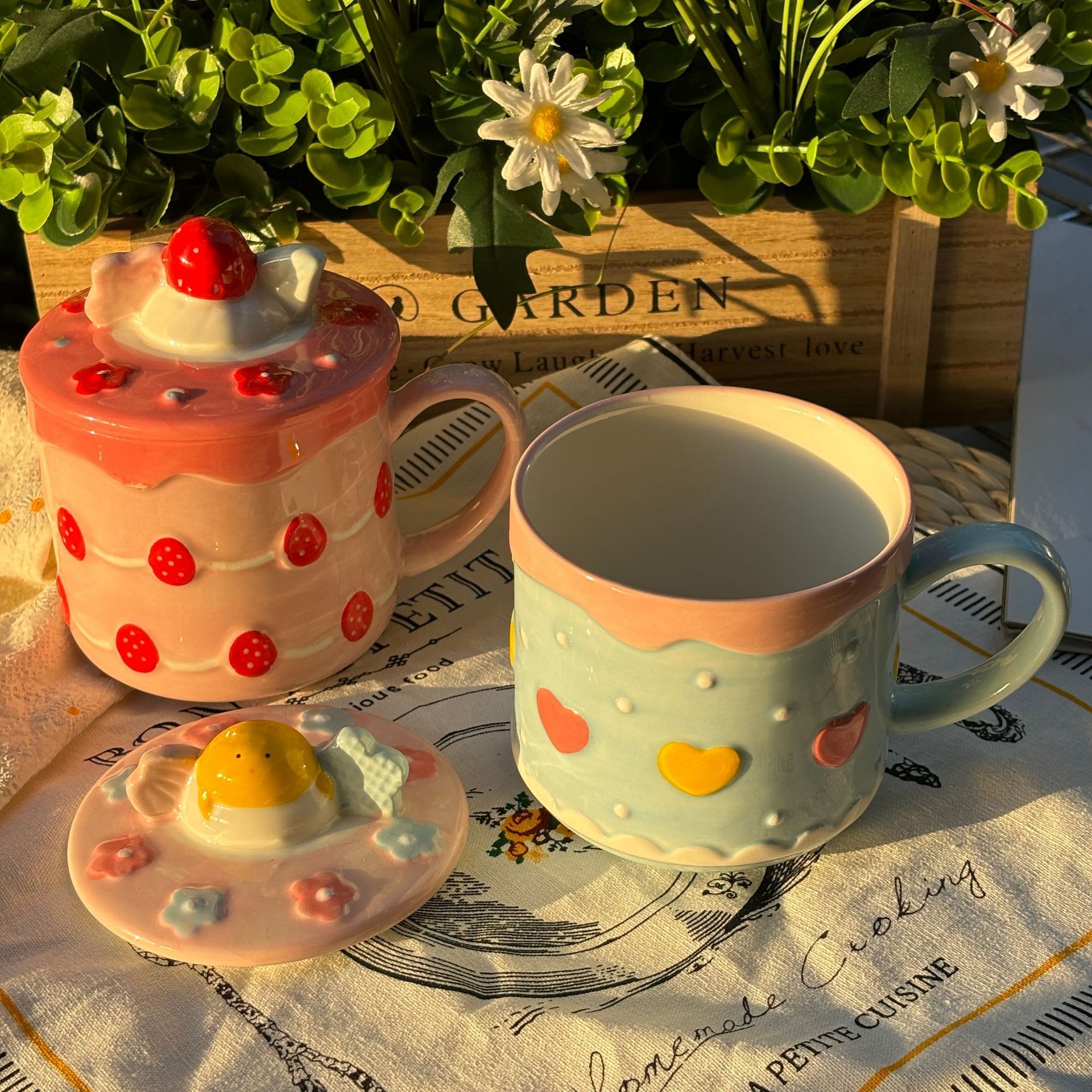 Lolita Strawberry Embossed Underglaze Ceramic Mug with Lid