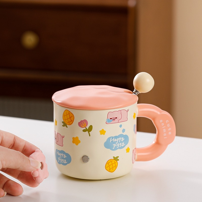 Cute 3D Cartoon Magnetic Ceramic Mug with Lid & Spoon
