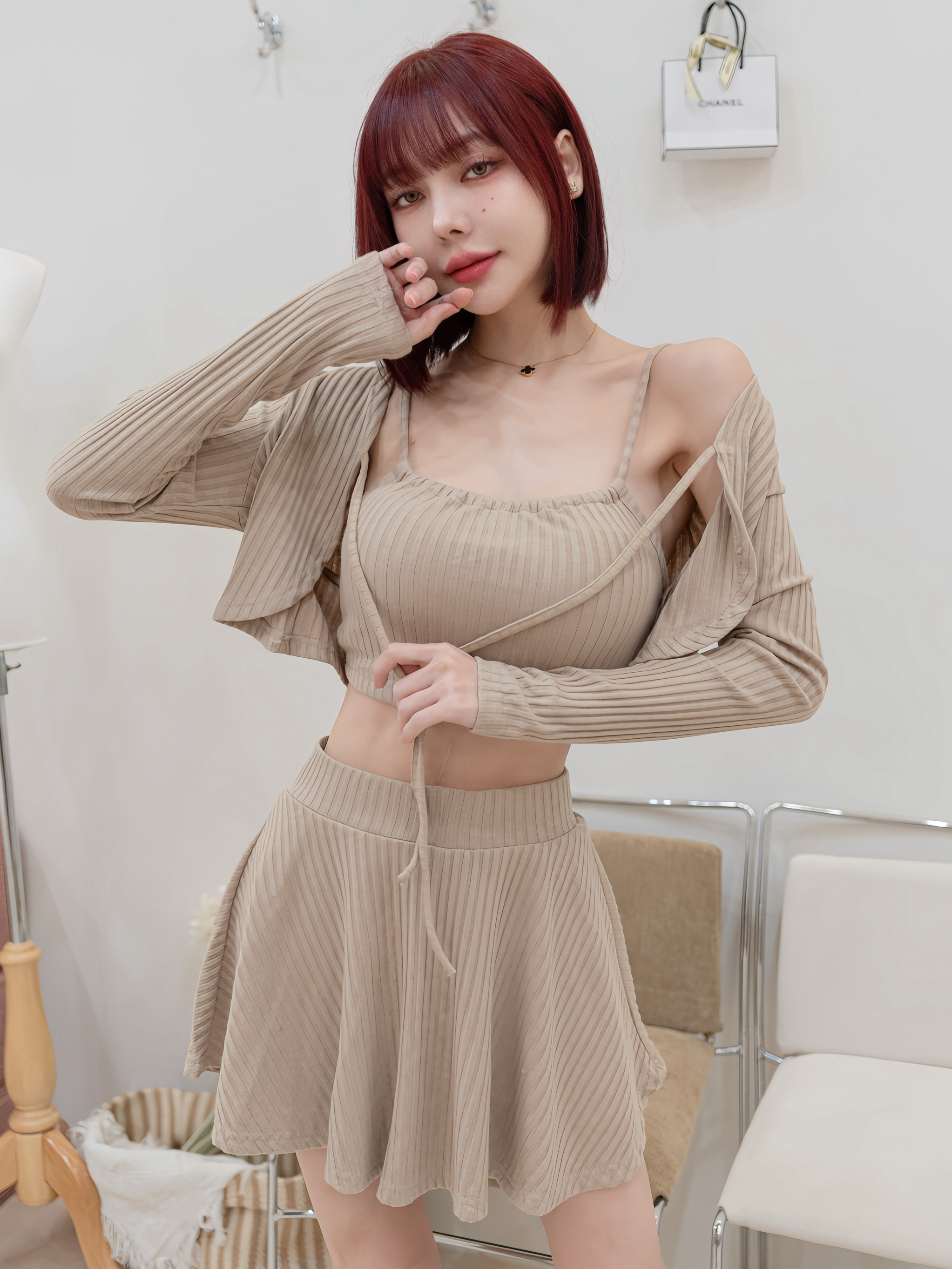 🤍坑條針織綁帶三件式套裝（卡其色均碼）