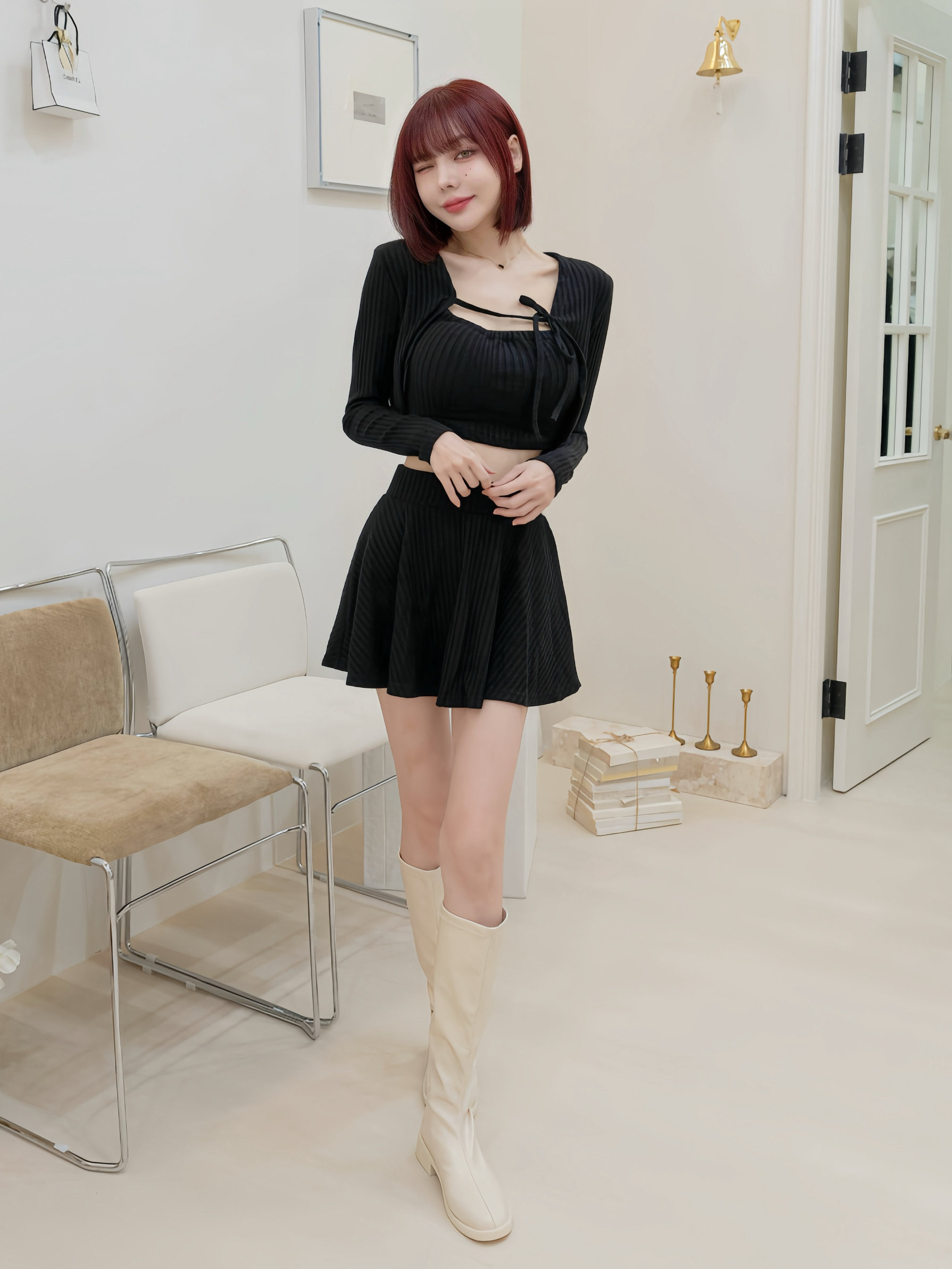 🤍坑條針織綁帶三件式套裝（黑色均碼）