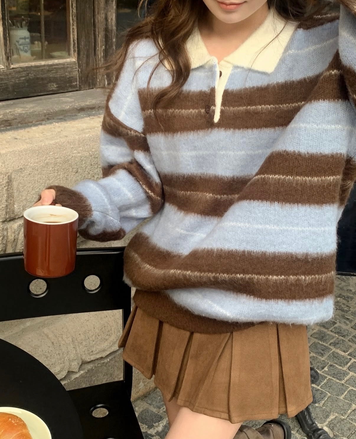 Colour striped sleeve brush knit