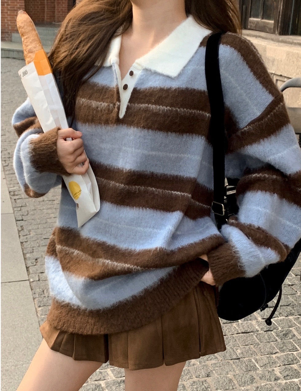 Colour striped sleeve brush knit