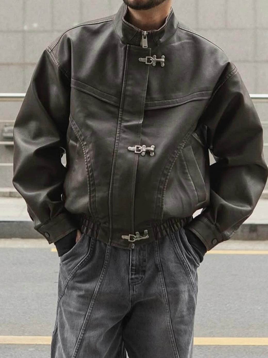 淨色企領拉鍊合成皮褸 OUR ROOM-142JK