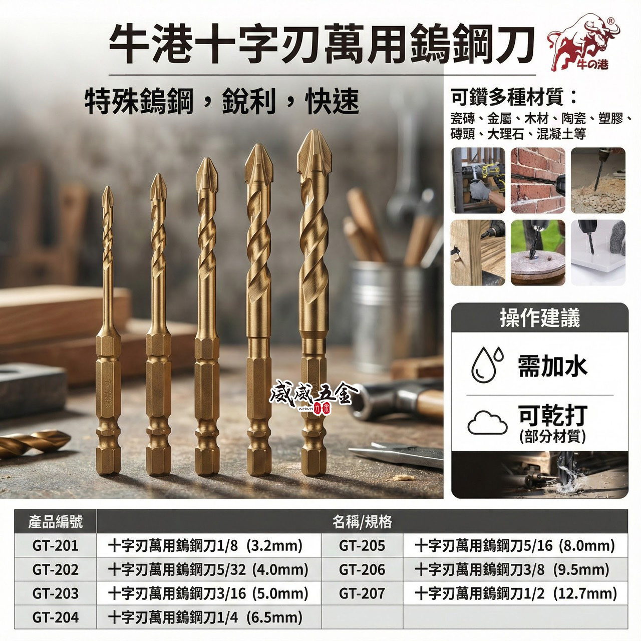 鬥牛 牛港｜新型十字刃鎢鋼鑽 六角軸鍍鈦螺旋十字鑽尾 合金刀頭六角柄萬用水泥鑽頭｜拋光石英鑽水泥金屬板玻璃用