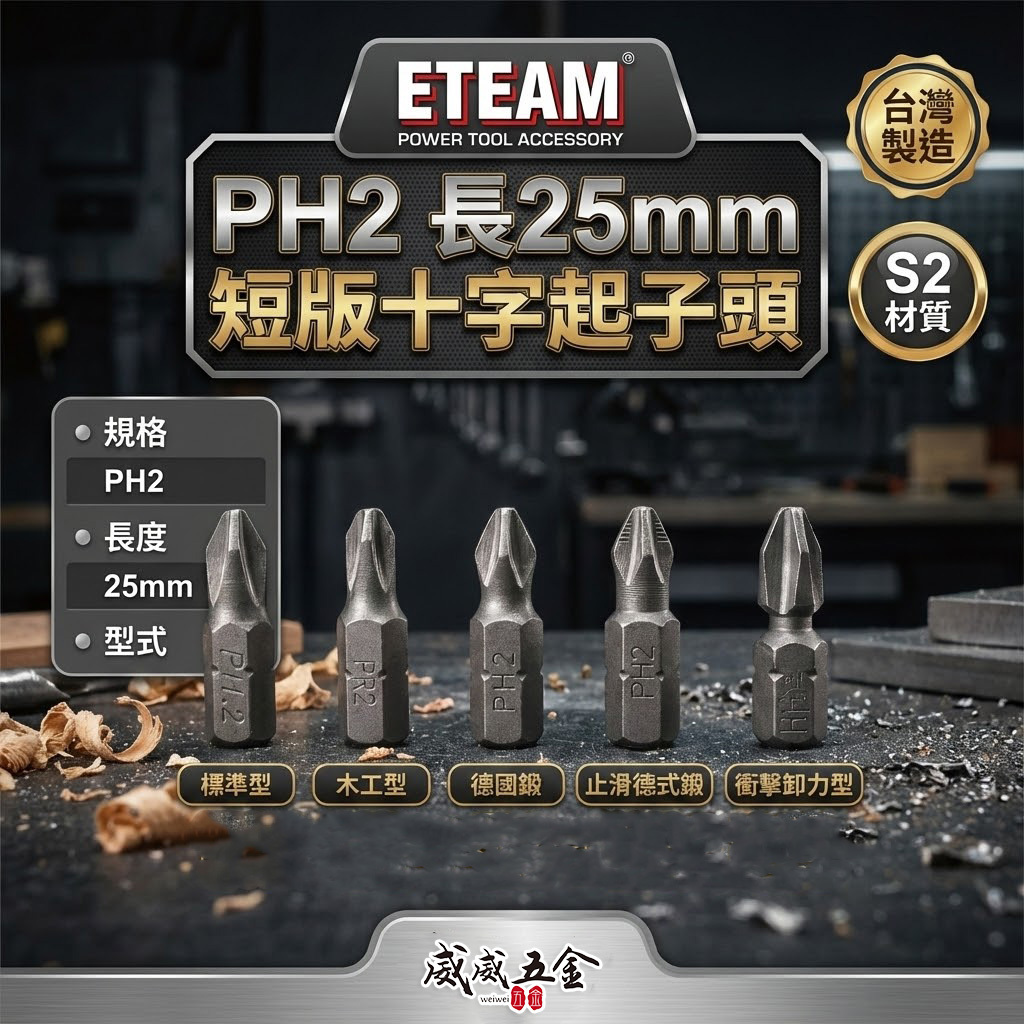 ETEAM 一等｜PH2 長25mm 短版十字起子頭 十字頭 高扭力木工止滑型 輕鋼架 輕隔間｜#2｜台灣製