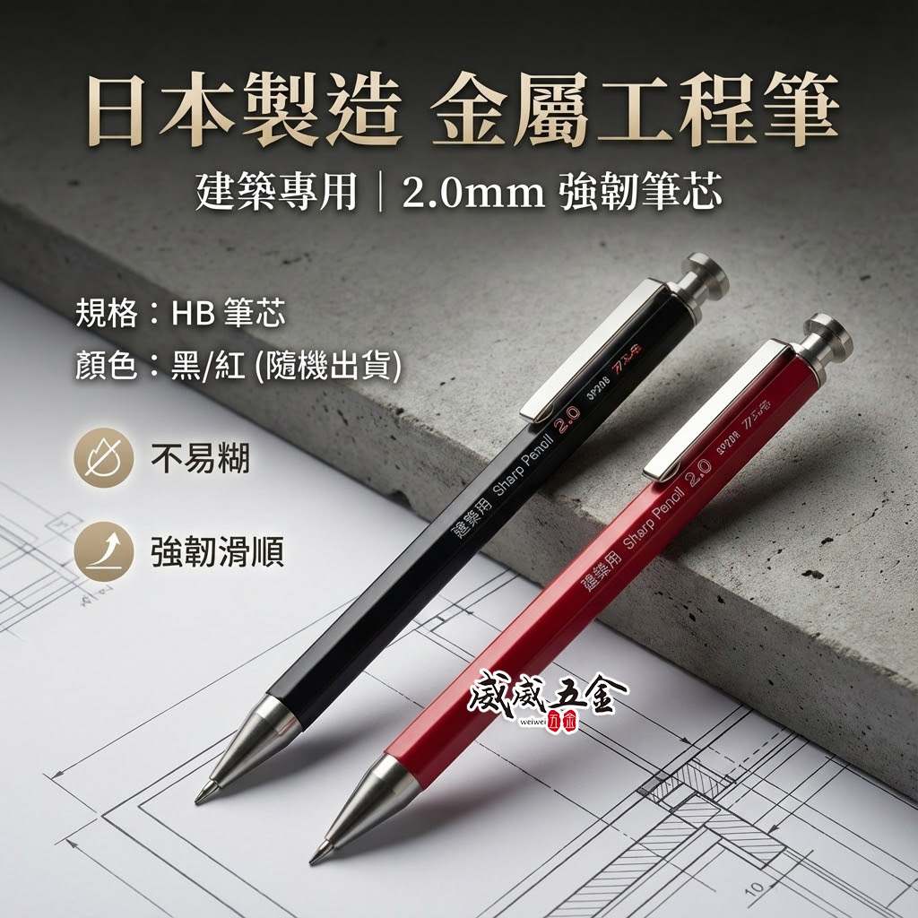 日本製 不易糊｜金屬筆身工程筆 2mm書寫筆 2.0mm製圖木工筆 建築自動鉛筆｜黑色SP20B-H｜紅色SP20R-H