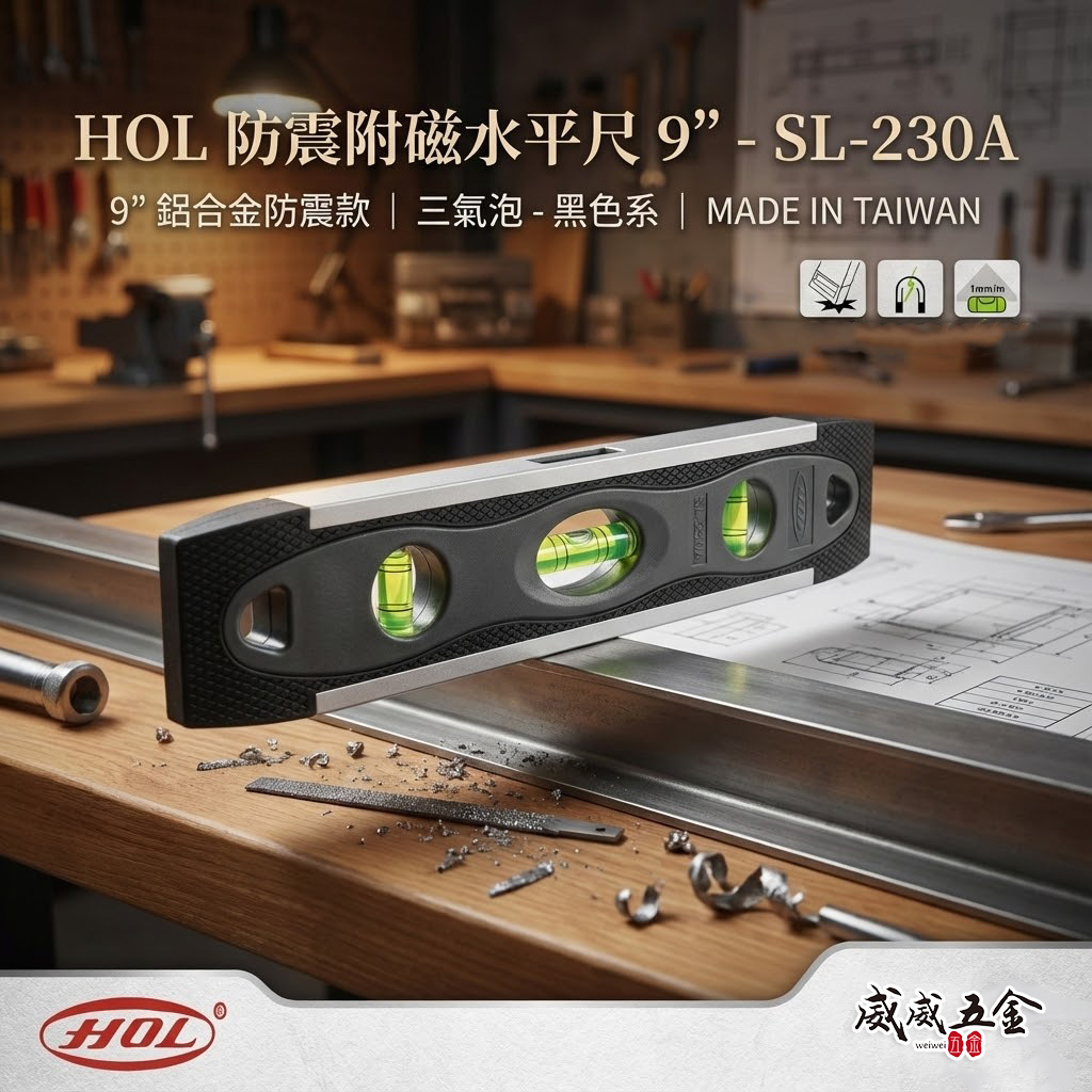 HOL｜9"鋁合金防震水平尺 附磁迷你水平 氣泡式小水平 三向附V型附磁鐵 23cm｜SL-230A｜台灣製