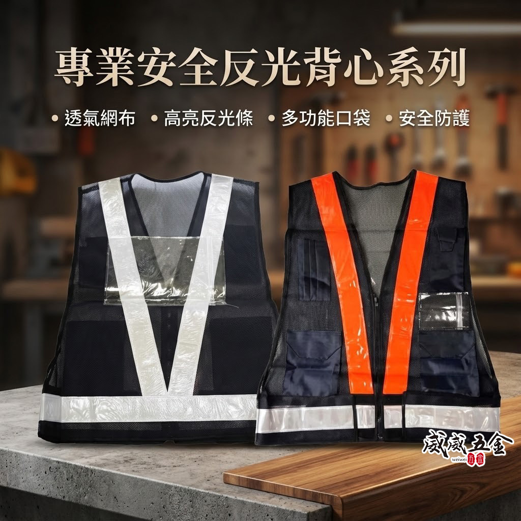 多口袋反光背心｜藍底上橘下白條｜日式V型多用途拉鍊式透氣孔工作背心 工安工地工程用 附拉鍊口袋反光背心｜E5