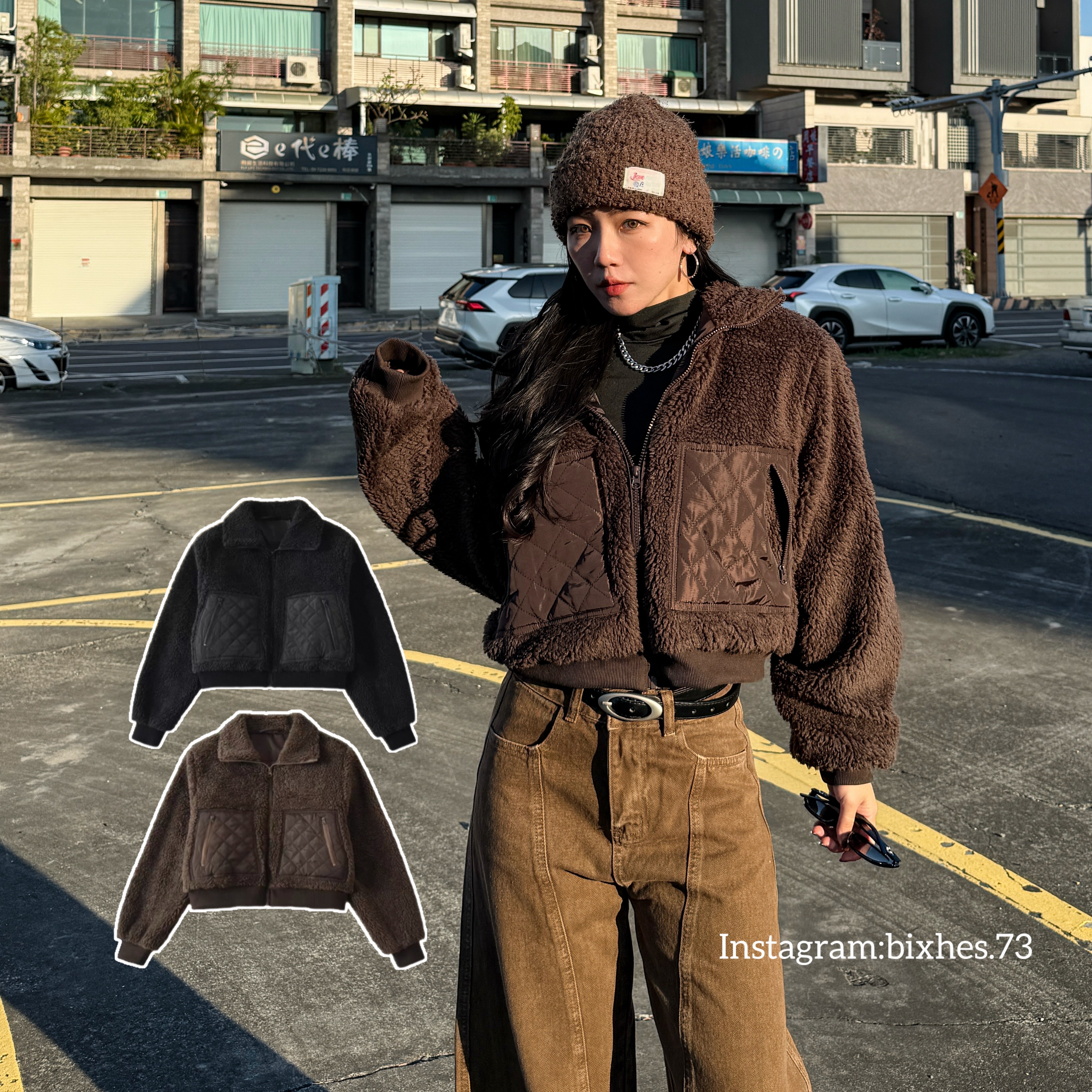 翻領拼接毛絨外套(F00003)