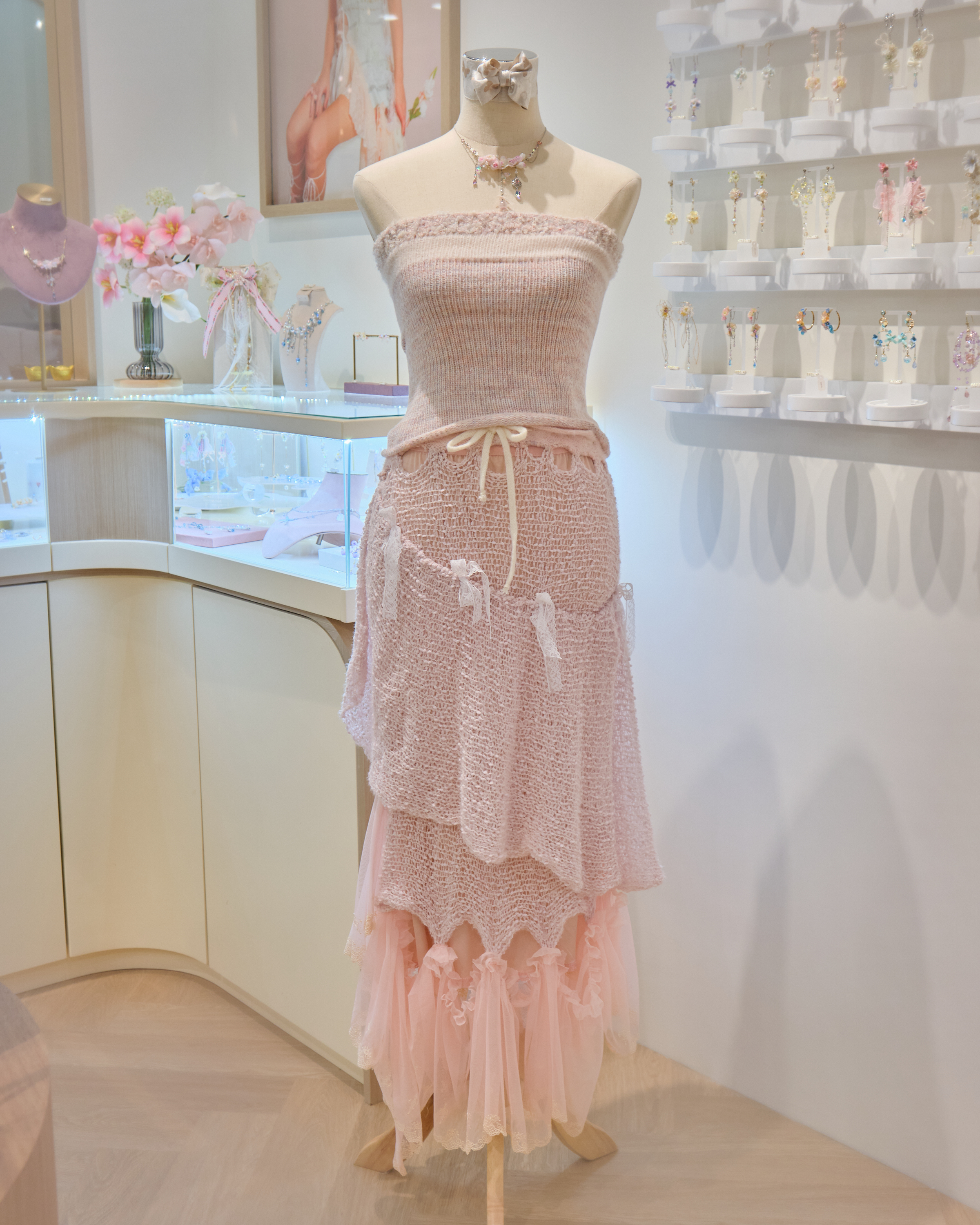 13177 Hand Knitted Back-Tied Cloud-Yarn Bandeau Top & Skirt Set