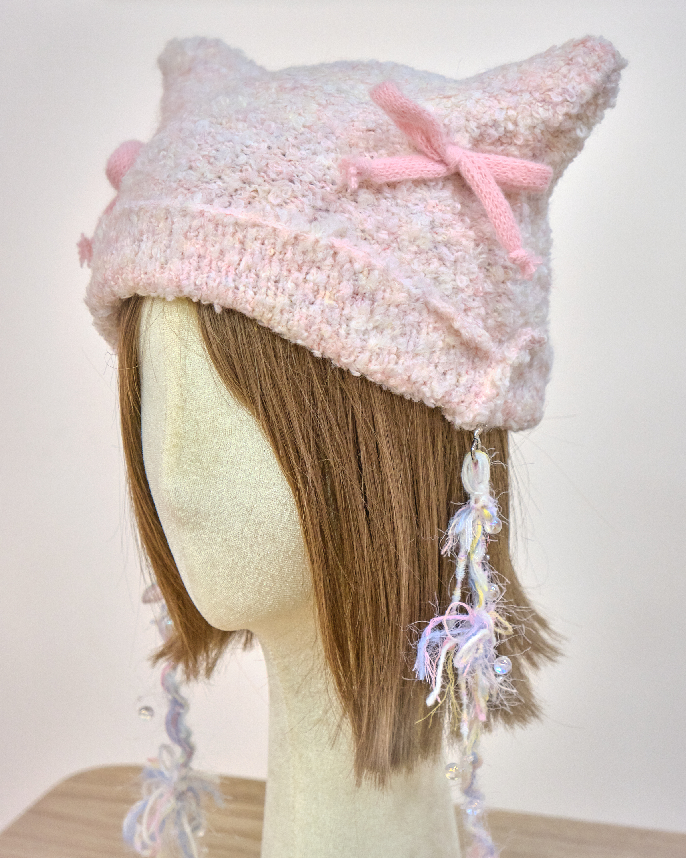 13172 Hand Knitted Frost-Cherry Cat-Ear Dreamweaver Beanie