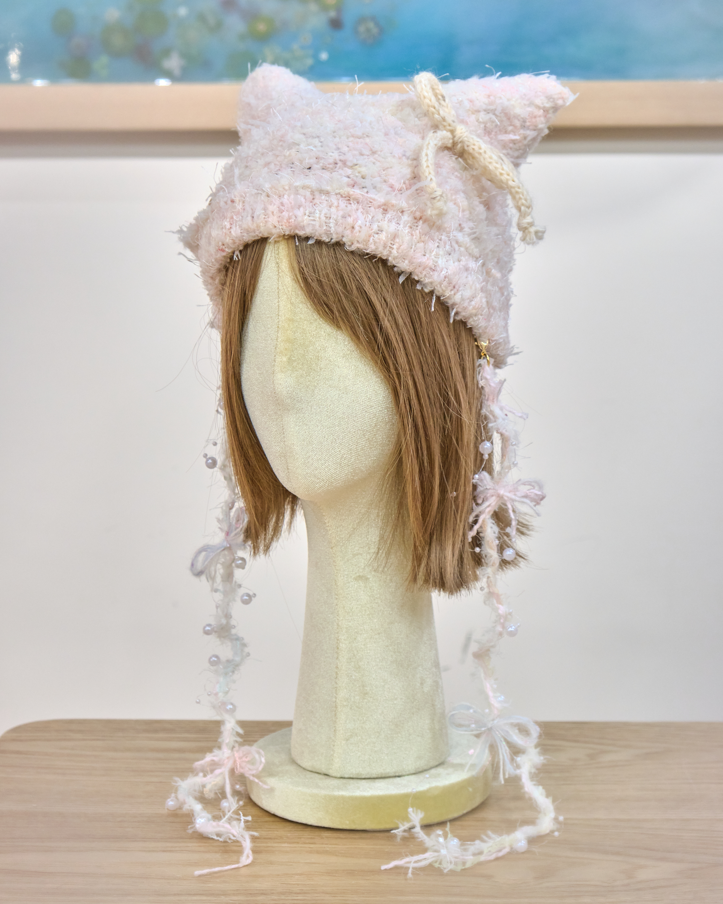 13171 Hand Knitted Frost-Cherry Cat-Ear Dreamweaver Beanie