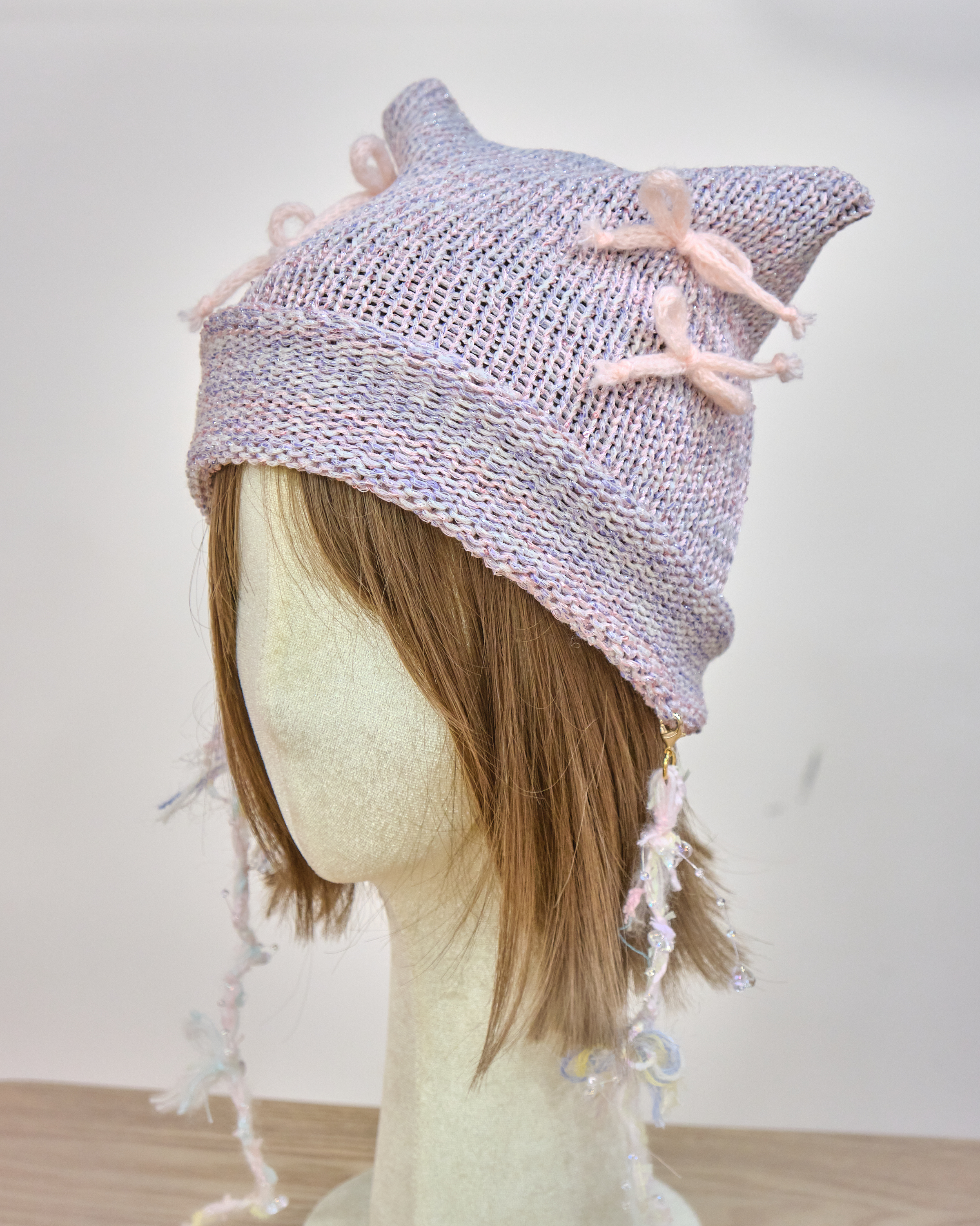 13168 Hand Knitted Frost-Cherry Cat-Ear Dreamweaver Beanie