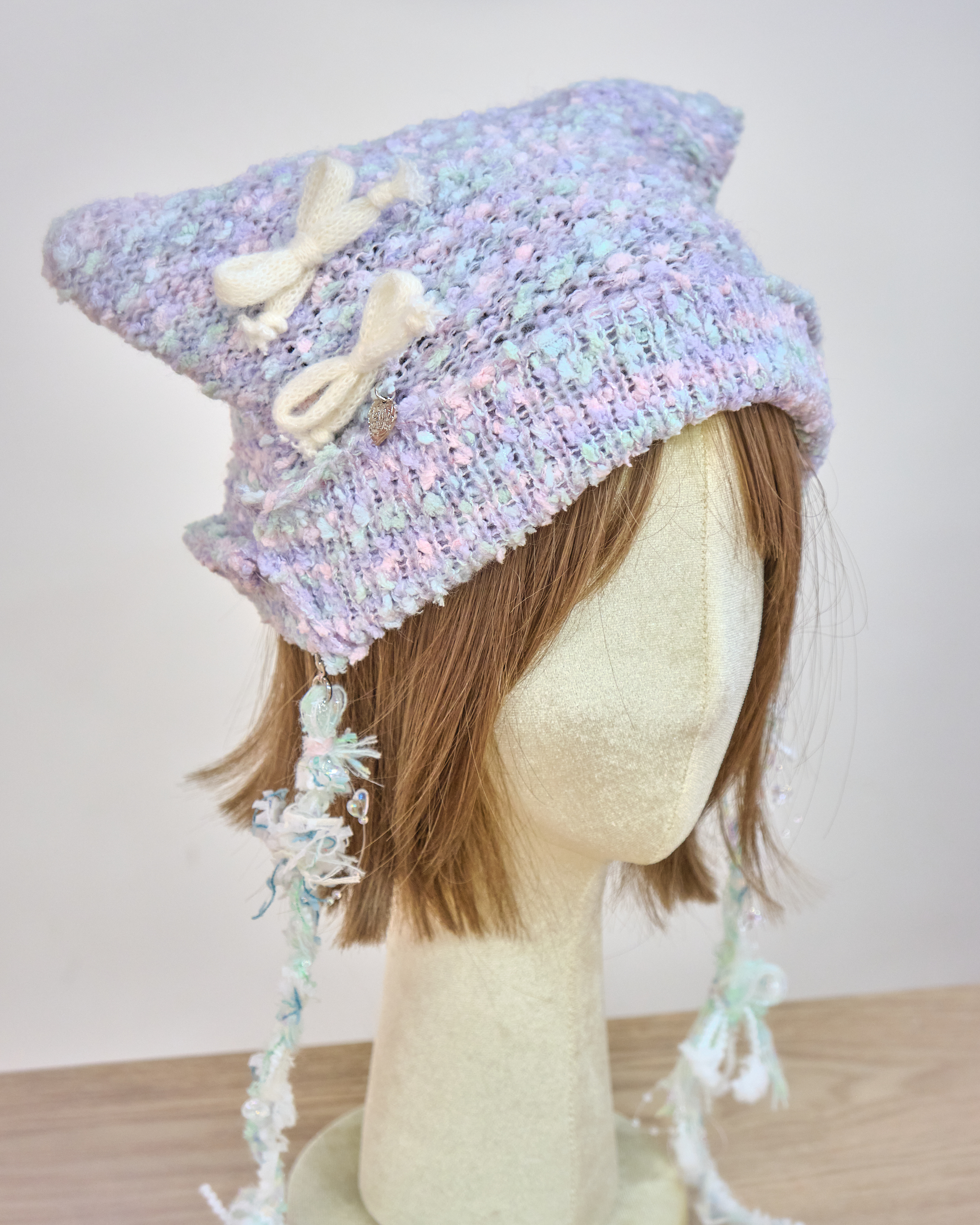 13167 Hand Knitted Frost-Cherry Cat-Ear Dreamweaver Beanie
