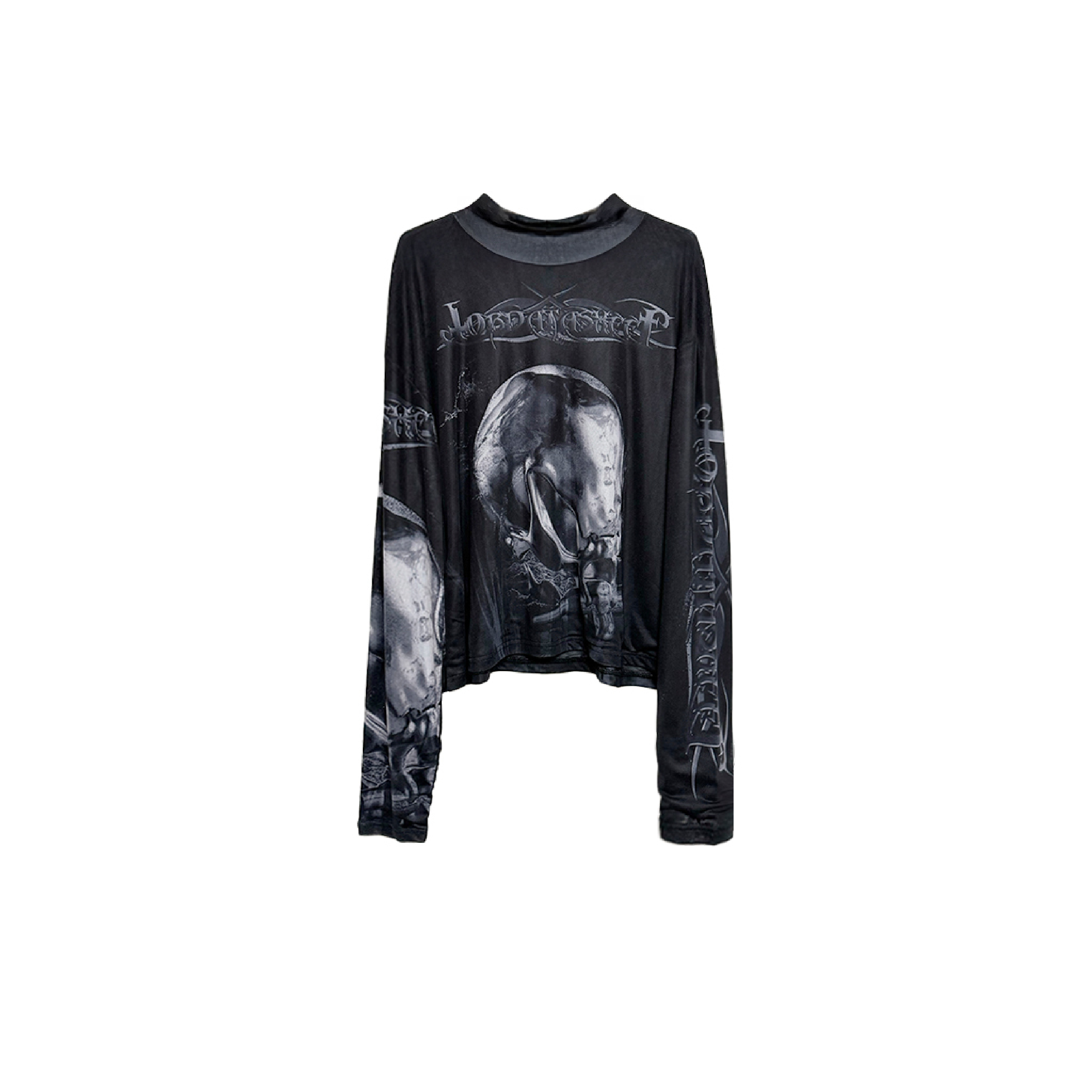 JOBDATASHEET Gothic Skull Print Tulle Long-Sleeve Top [D28]