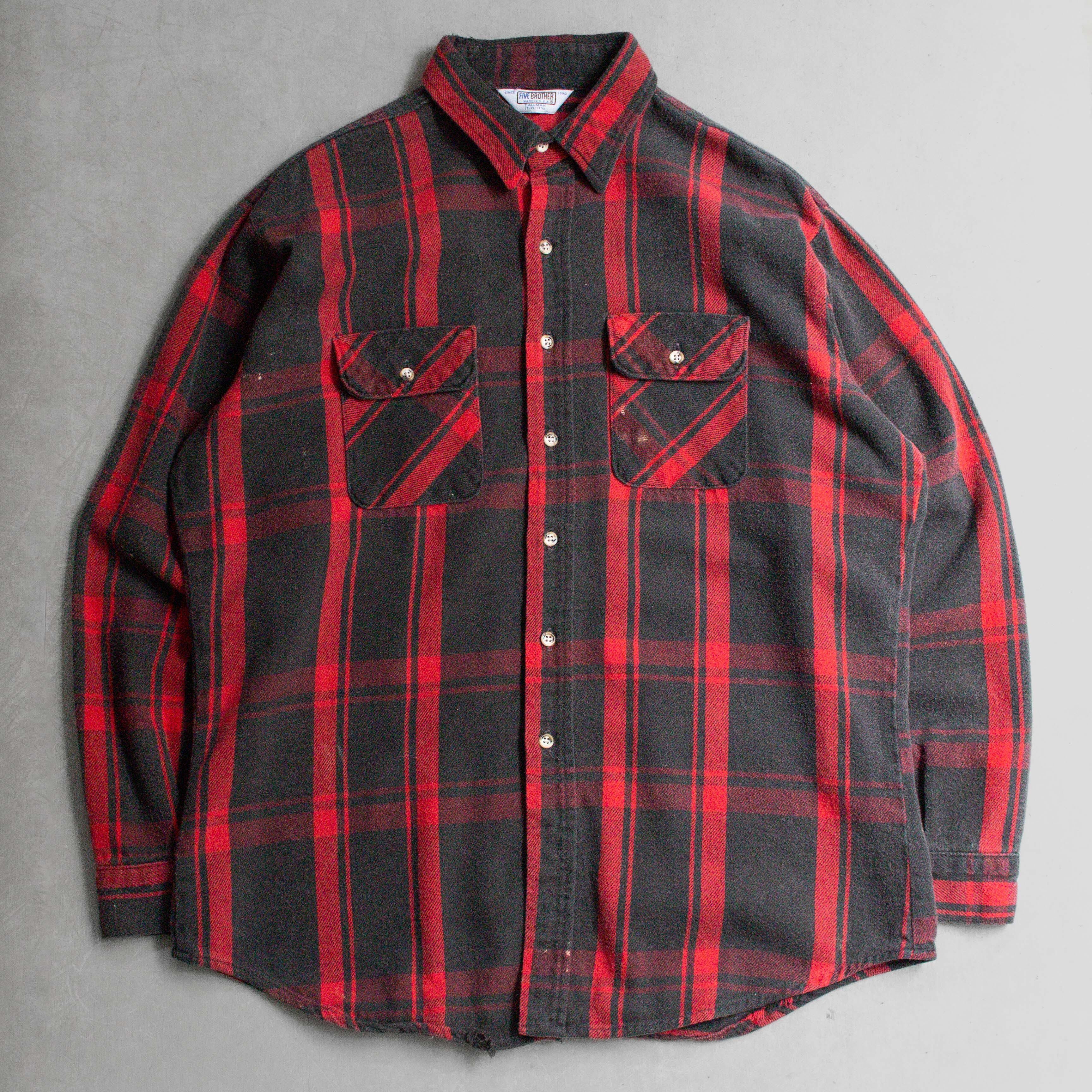 70-80S FIVE BROTHER HEAVY FLANNEL 美國製 紅黑 格紋 法蘭絨 長袖 襯衫