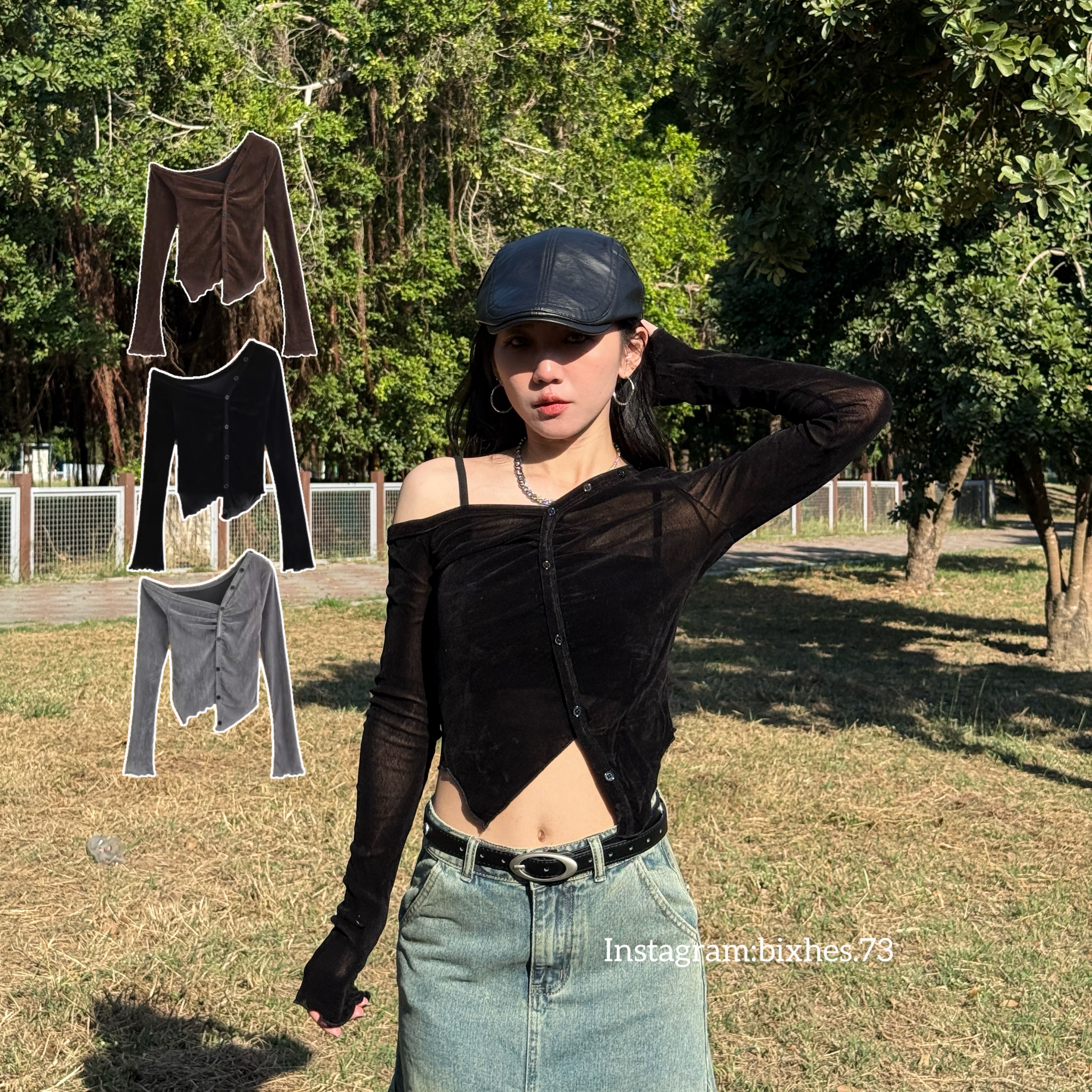 歐美絲絨排扣斜肩長T(B00003)