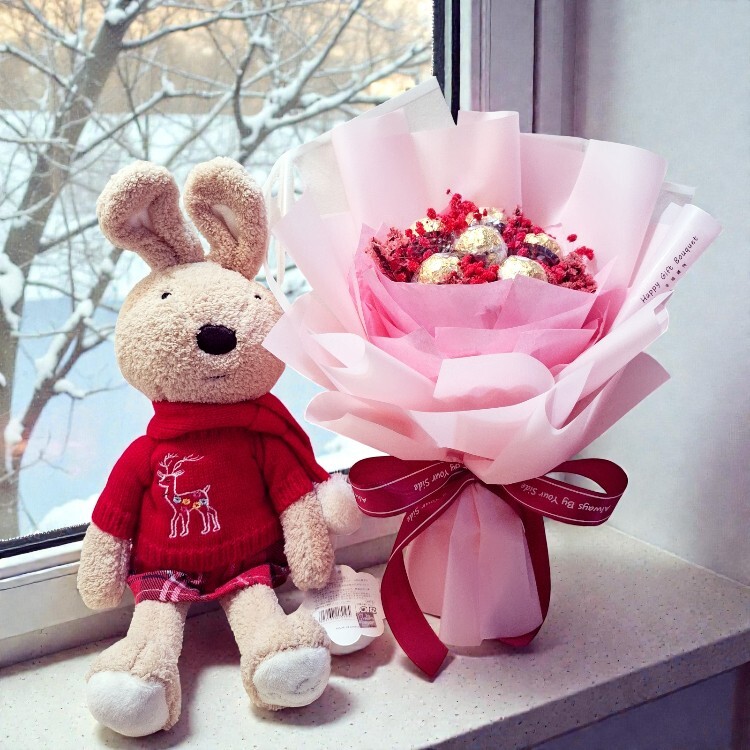 聖誕節le Sucre兔,滿天星金莎花束(送透明花束提袋),聖誕節交換禮物,聖誕節玩偶,聖誕節花束