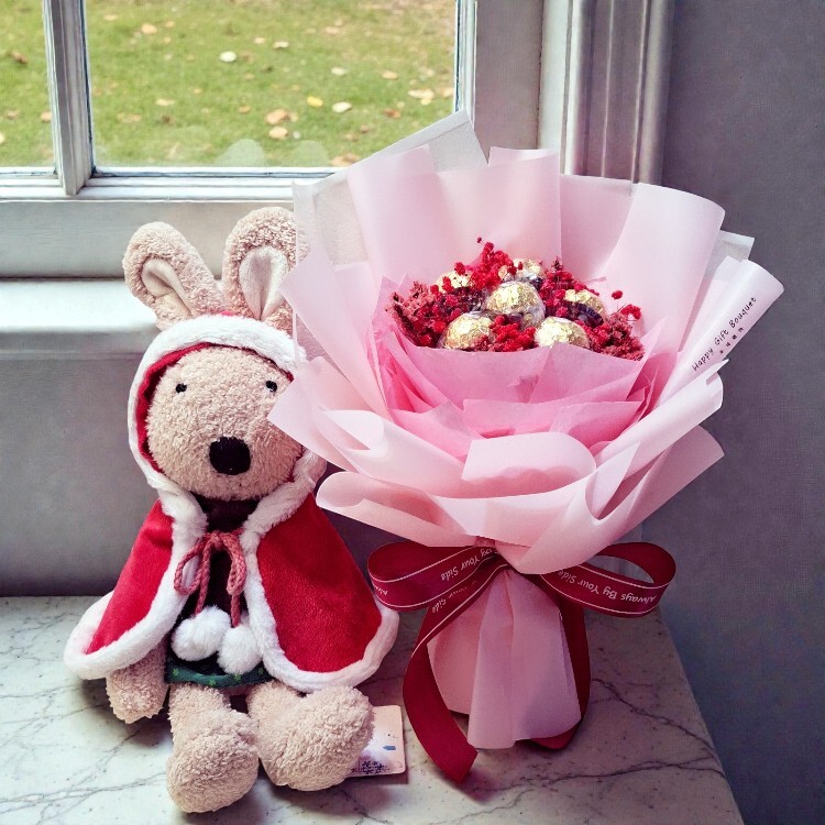 聖誕節le Sucre兔,滿天星金莎花束(送透明花束提袋),聖誕節交換禮物,聖誕節玩偶,聖誕節花束