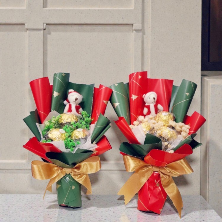 迷你聖誕熊金莎3顆花束,Mini Christmas Bear Ferrero Rocher Bouquet (3 pieces)