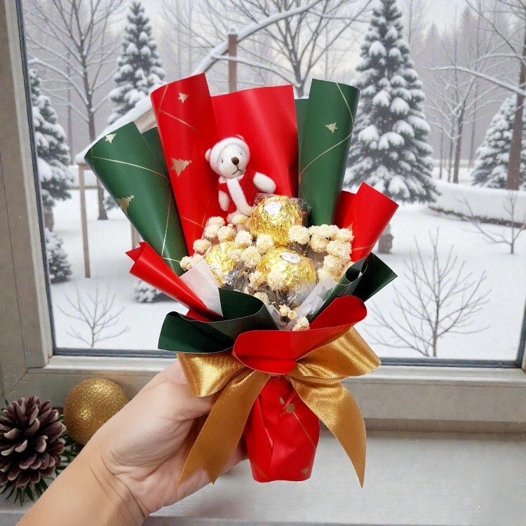 迷你聖誕熊金莎3顆花束,Mini Christmas Bear Ferrero Rocher Bouquet (3 pieces)