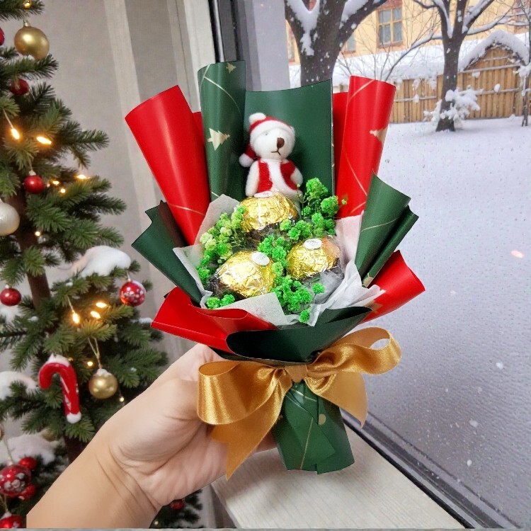 迷你聖誕熊金莎3顆花束,Mini Christmas Bear Ferrero Rocher Bouquet (3 pieces)